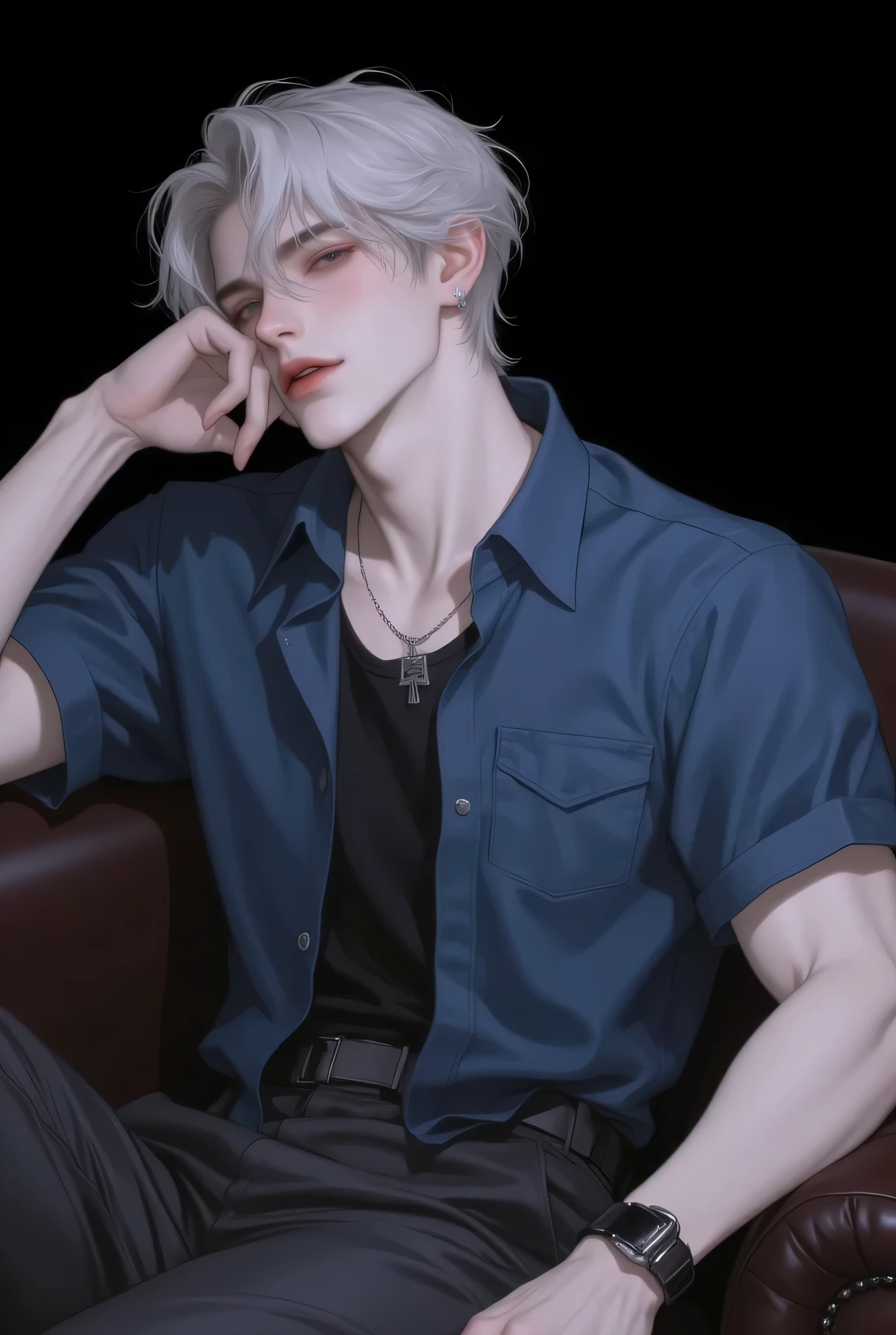 Animated illustration、 Pretty and handsome  、 Points under the eyes 、 hope 、Goodnight、 Lean muscles 、light、 Mouth Sealing Tapeで睨む、僕は君をGoodnightしてるよ、20 years old、 Mouth Sealing Tape、light short hair、  Neat hair   、 highlight Porter、light eyes、 White skin 、Dear fans、Cardinal    、 Blue shirt with short sleeves 、 Beautiful, attractive、 , flowing Very well 、 painful facial color taken from the oblique side.、for the icon  、sitting on sofa   、black background   、He was wearing a technician's shirt.  、He was wearing a black T-shirt.