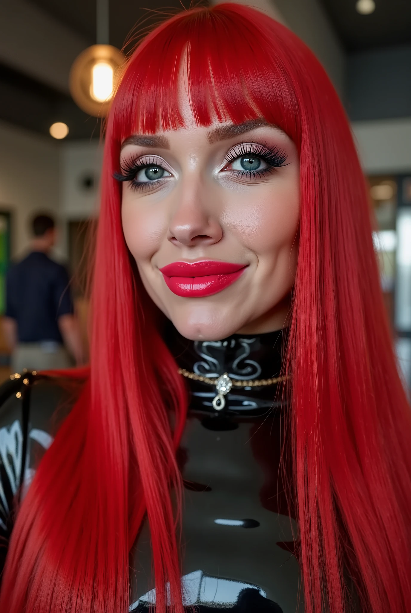 outrageously long and voluminous lash extensions., laughs a lot, Latex suit, diamond ear earrings, bright red hair, black lips, bright red makeup