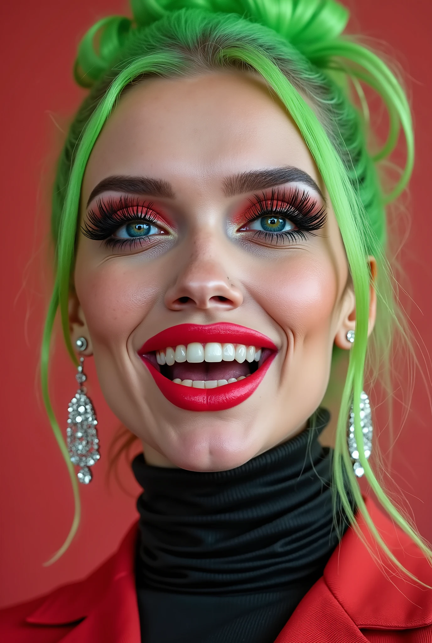 outrageously long and voluminous lash extensions., laughs a lot, Latex suit, diamond ear earrings, bright green hair , black lips, bright red makeup