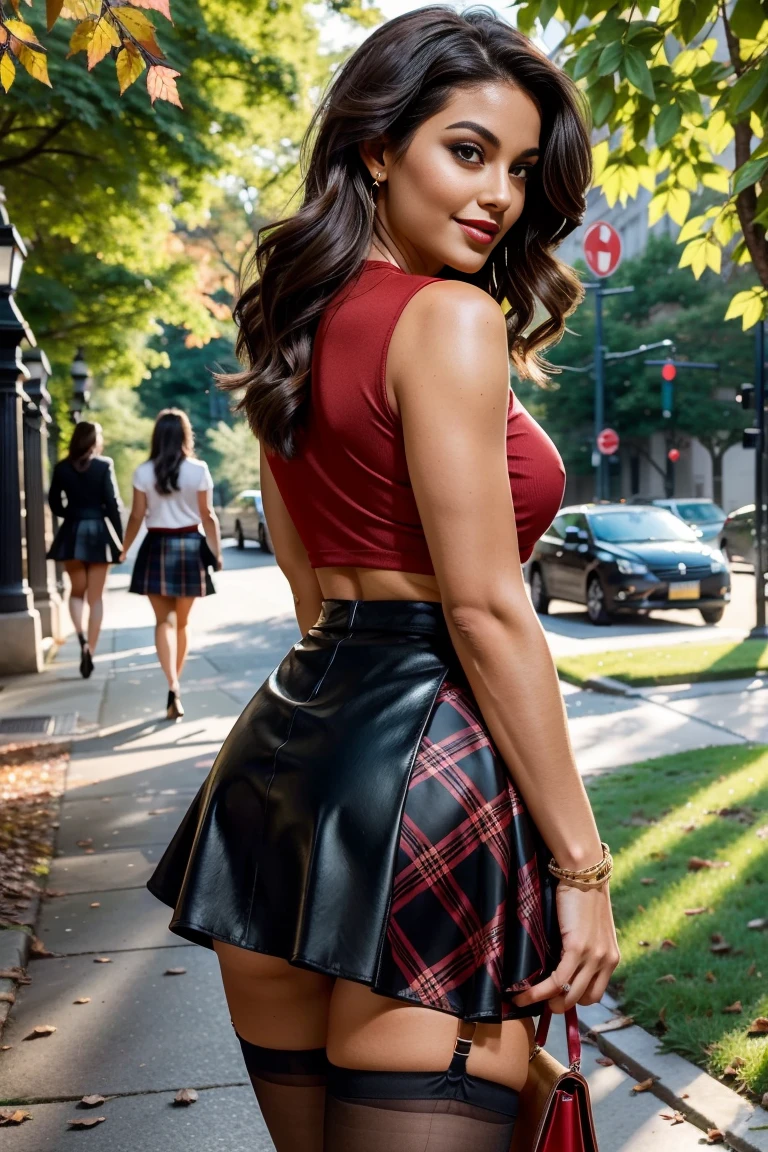 (masutepiece, Best Quality), ultra-detailliert, Photorealsitic, Beautiful woman with brown hair, (Plain open shirt), ((Plaid pleated skirt)), Braided high heels, a necklace, Leather Belt, Wavy Hair, Perfect face, Beautiful face, enticing, big gorgeous eyes, I have my mouth wide open, Happy, heavy make up, red-lips, Dark Eye Makeup, Voluptuous body, seducting smile, Glamorous body, Big ass, (plein air), Walking in the park at night, Walking in the garden at night, Bright colors, Taking a walk, Sit up, Hair fluttering in the wind