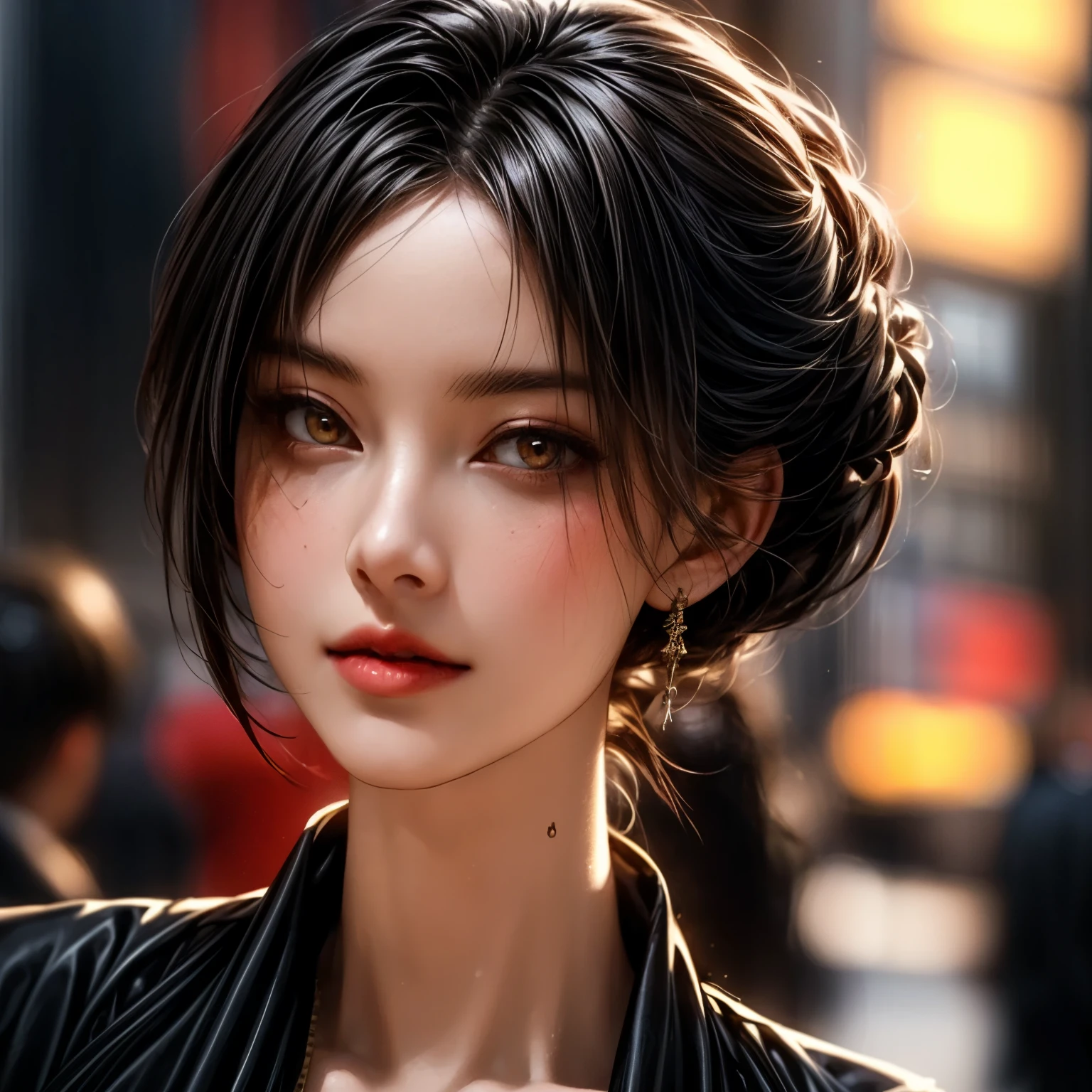 ((best quality)), ((Masterpiece)), ((Enrich the picture，Masterpiece level quality)), goldebn hair, curtainbangs, very , golden eyes, fierce woman, eyes details, best quality, street fashion, RAW 4K, Realistically, ( cinematic lighting, moody, textile shading), perfect proportions, ultra detailed, volumetric lighting, soft lighting, glossy skin, beautiful face, Special face details, strong emotions, elegant gesture, Detailed facial features, Long eyelashes, contrast, great details, Incredible atmosphere, Fascinating setting, Haunting beauty, dewy skin , sweaty skin ,  mini white t-shirt, mini white jacket, mini black skirt,  up,