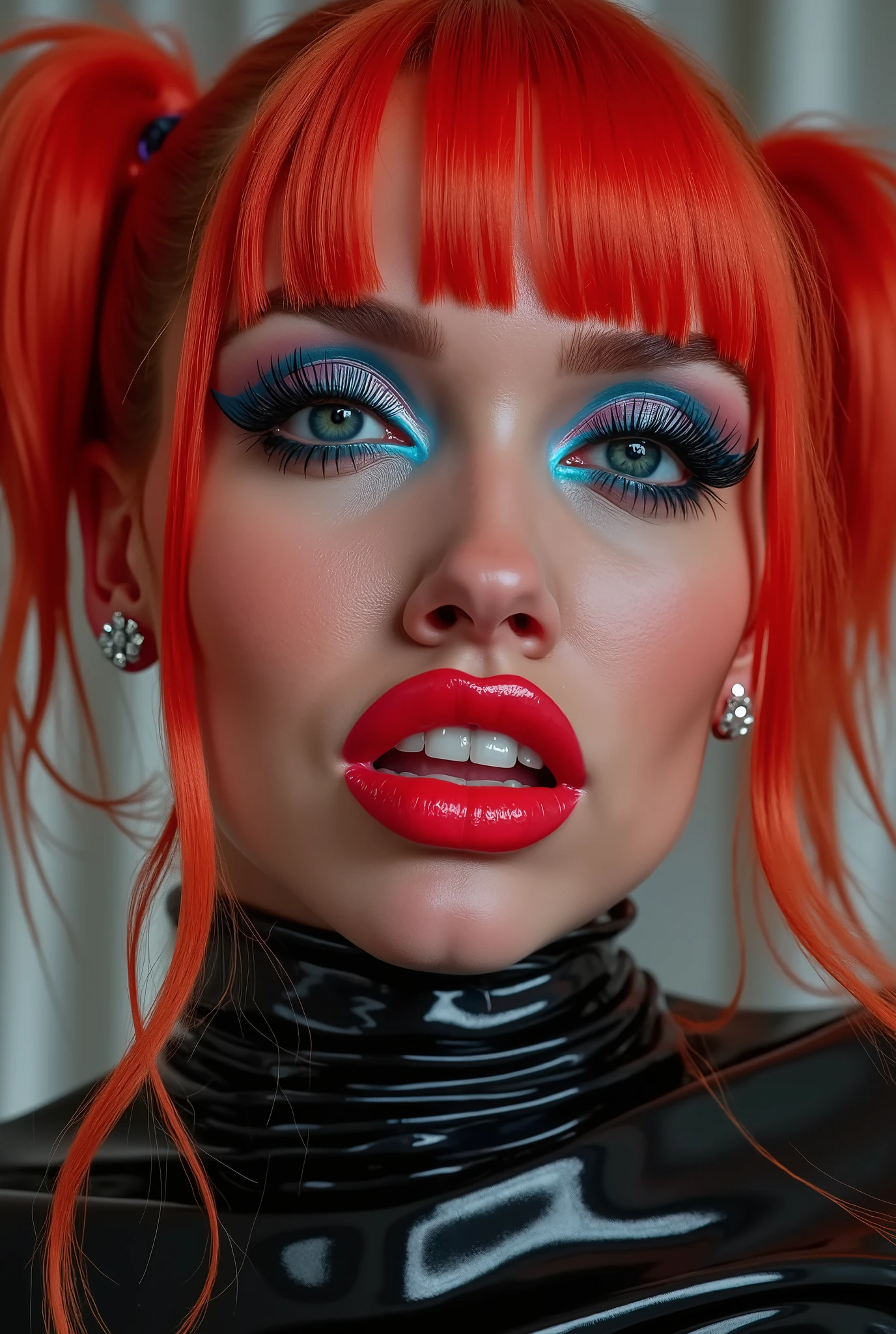 outrageously long and voluminous lash extensions., laughs a lot, Latex suit, diamond ear earrings, bright red hair, black lips, bright red makeup, blue eyebrows