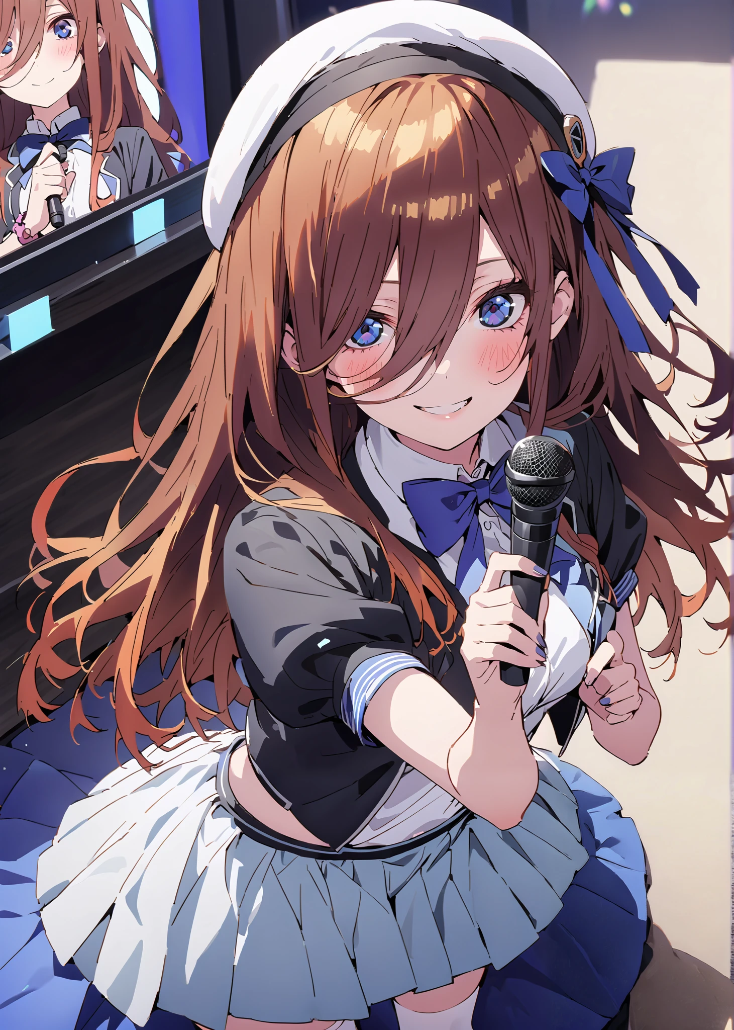 Miku Nakano, Nakano Future,Alone ,long hair, bungs, blue eyes, brown hair,Between the eyebrows,smile,blush,open their mouths, idol costume, dress,collared dress,jacket,cropped jacket,white pleated skirt,Short sleeve,bowtie,bow,button, above Decorati has ,beret,(white knee-highs:1.2),shoes,アイドル歌手がライブ stageで熱狂的に歌うシーンのイラスト,アイドル歌手が stage中央にis standing, idol singers sing with microphones , idol singers are serious and impressive ,The singer's voice is strong and beautiful. , stageの周りにはファンが集まる, fans sing and dance with idol singers Idol singers who do things ,The Big Picture, Various colored lights ,is standing,full bodyがイラストに入るように,break indoors, stage,
break looking at viewer,full body,
break (masterpiece:1.2),top quality , kampala, Unity 8K Wallpaper ,(shape:0.8),( fine, beautiful eyes :1.6),It's a person ,full body写真,CG Details , (perfect hands with full nudity,complete anatomy),