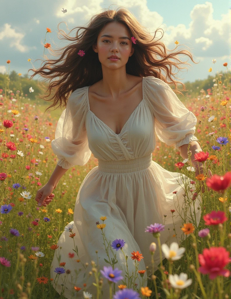 beautiful brazilian young woman dancing in a summer dress, smiling in a sunny morning field with blooming flowers, shimmering gemstones, ultra-realistic, photorealistic, (best quality, 4k, 8k, highres, masterpiece:1.2), ultra-detailed, realistic, vivid colors, natural lighting, graceful pose, elegant, intricate floral patterns, sparkling gemstones, detailed skin, flowing hair, (character portrait:1.4), highly detailed face, beautiful eyes, delicate lips, detailed hands, (detailed facial features:1.2), enchanting, whimsical, serene, breathtaking, magical realism