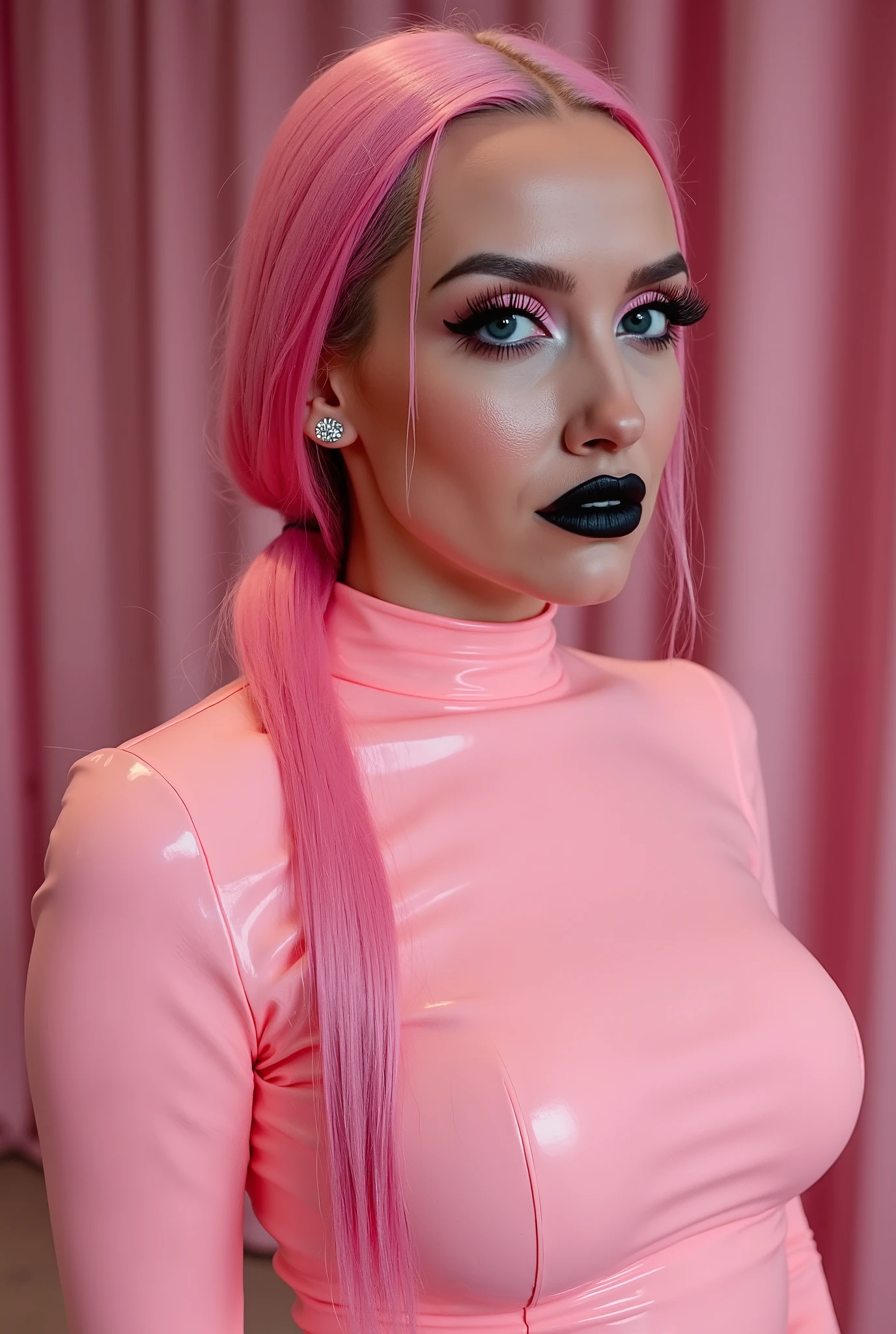 outrageously long and voluminous lash extensions., laughs a lot,  pink latex suit, diamond ear earrings, pink hair,  long braid, black lips, bright black makeup
