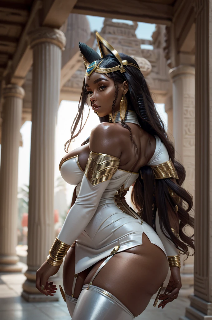 Ethiopian woman, ethnically Ethiopian, muscular and athletic woman, sexy body, ethnic jewelry, cyberpunk themed, sexy, not safe for work, scantily clad, dressed seductively, showing skin, exposed hips, visible cleavage, medium breast, wearing ssahc, suggestive clothing