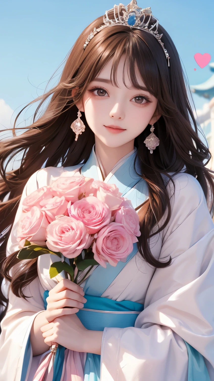 Her body and face are fully Front -facing, with her eyes gazing directly forward. Full Front 、Center、Body orientation: Front 、Front 、Center、South Korea人、 Japanese、 beautiful women、30th Generation、 looking at camera、Front -facing、line of sight Front 、 upper body、gorgeous、Wear only Charisma 、顔Front 、body Front 、 , Vertical Roll, Reddish brown hair、very long hair, Light blue and pink hanbok 、 light blue and pink dress、Long Sleeve 、collar、With collar、 Unexposed 、Chima chogori、Korean traditional clothing、South Korea、hanok 、 holding a bouquet of flowers、 tiara 、crown、 princess、Castle、princess、 long hair、 gorgeous、pink dress、Heart's heart、Divine、 Fantastic、smile、Fluffy Waves 、goddess、 close-up、 Hair Flower、confidence、Light、royal palace、 earrings、ribbon、bell、White fur