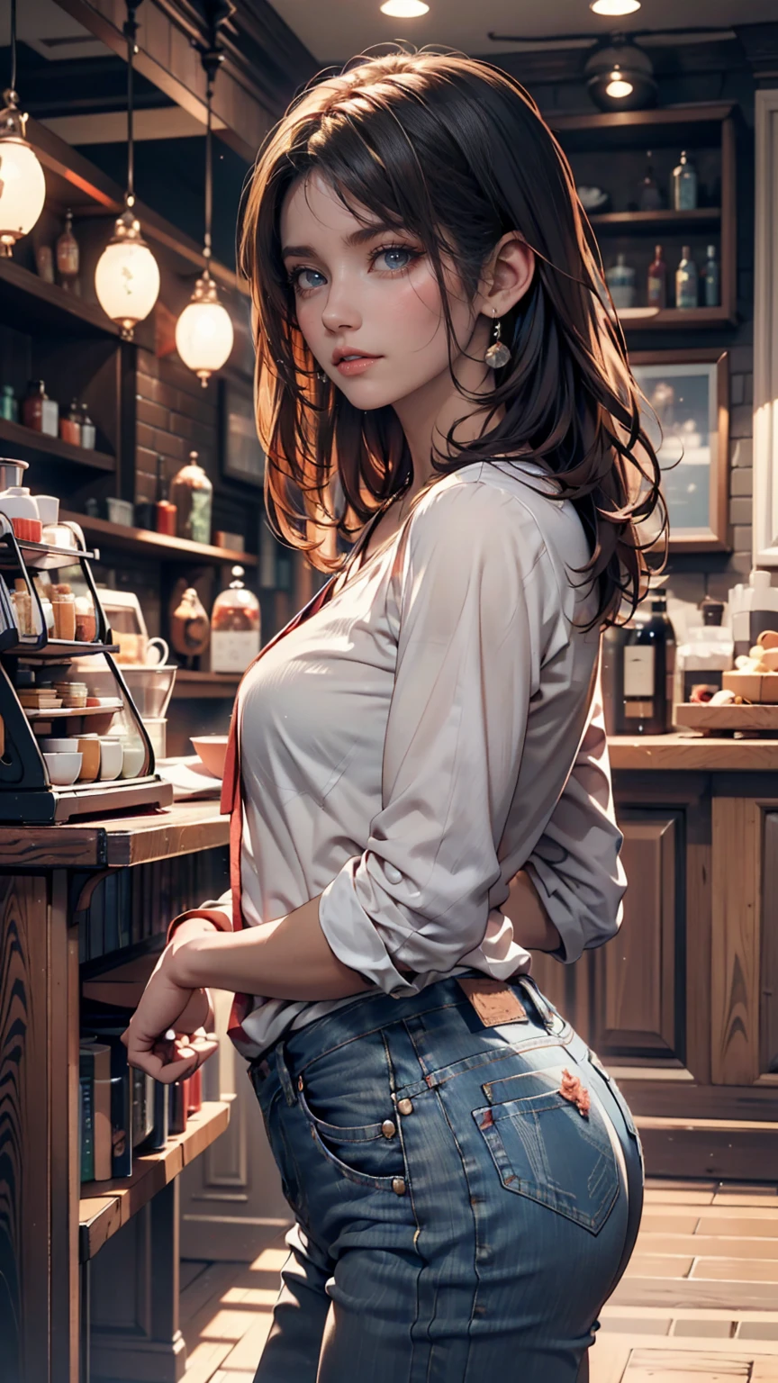 (((HD photo))), ultra high res.photorealistic:. 1.4, UHD, masterpiece, trending on artstation, portrait,side angle, closeup of face and cleavage,looking a viewer, pretty, cute face, most beautiful in the world, soft, delicate, (long red hair), (large sagging breasts), athletic body, (wearing baggy t shirt), wearing jeans, sunkissed, supermarket interior 