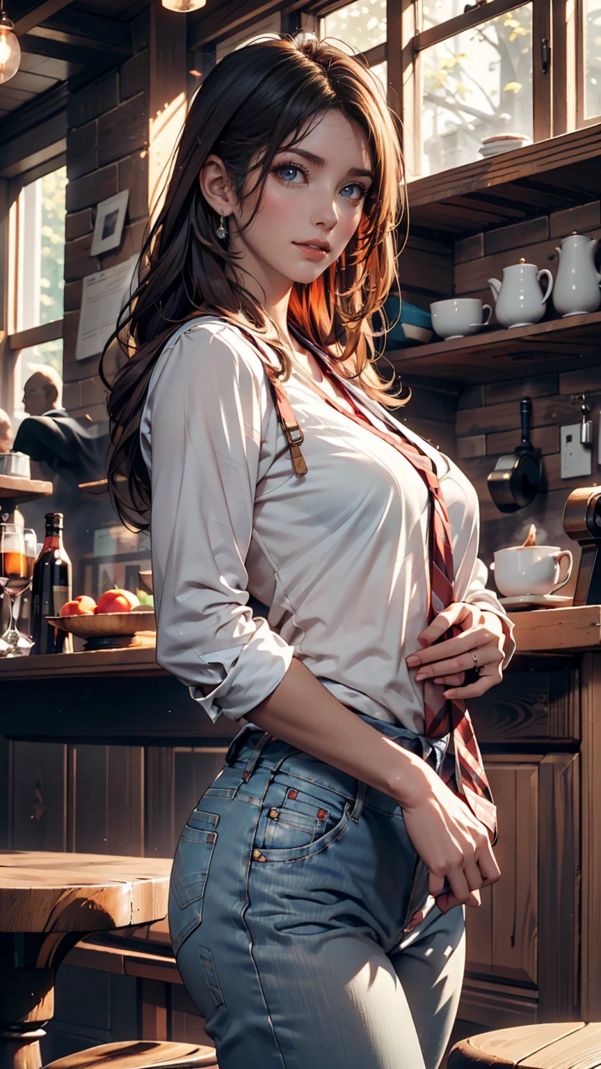 ((masterpiece, Highest quality)), Woman in a shirt , Side view, ponytail、Silver accessories on the wrist、Sexy proportions、Narrow waist、Realistic shaped breasts（Hanging down due to gravity)Nipple swelling emphasis