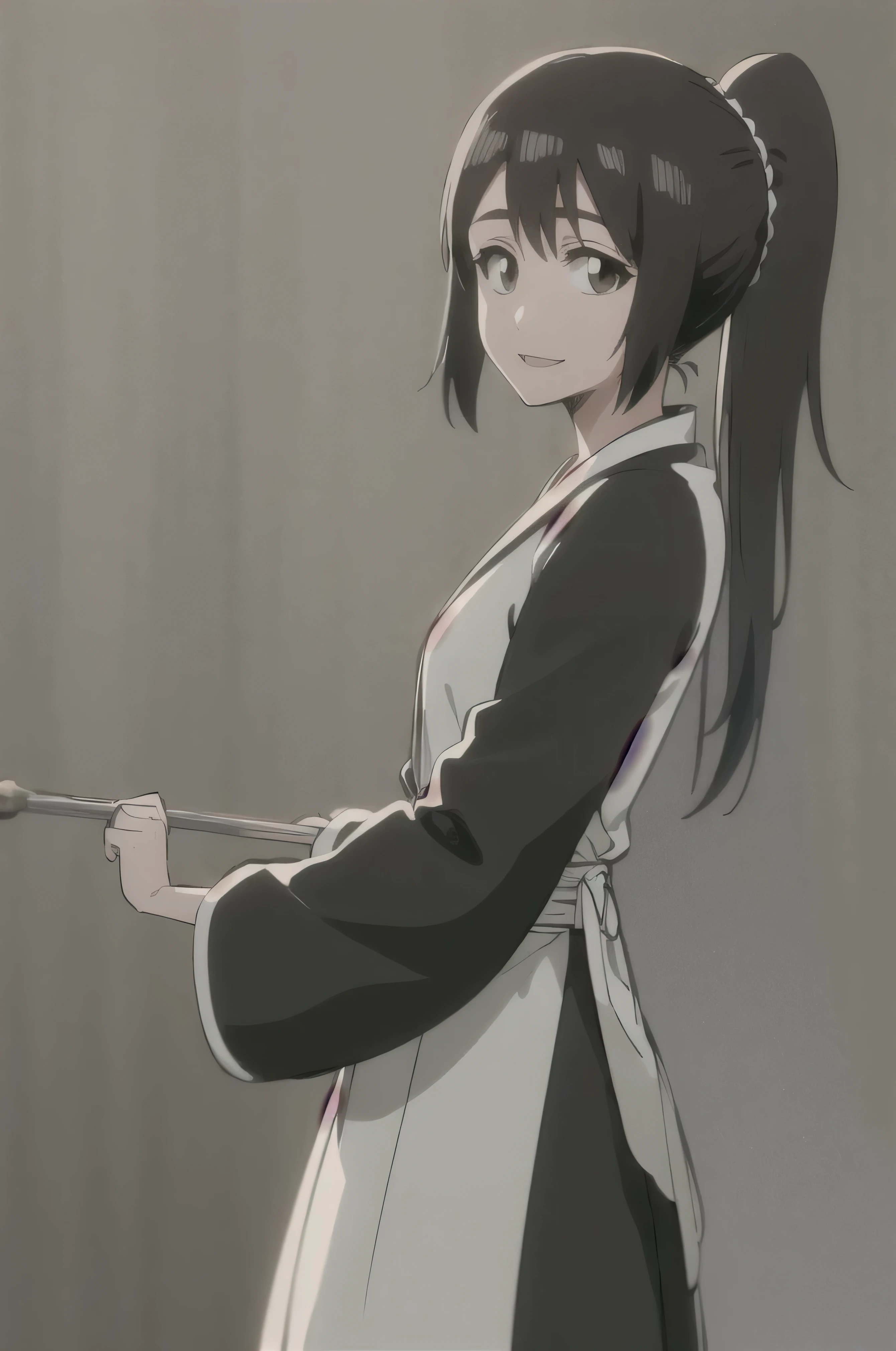 Masterpiece, top quality ,
one girl from the side , romantic love , black hair, single , ponytail, Vancouver, brown eyes,
Hair bangs,
kimono, white sleeveless coat , black kimono ,
smile, alone, I'm looking for , simple background, White background