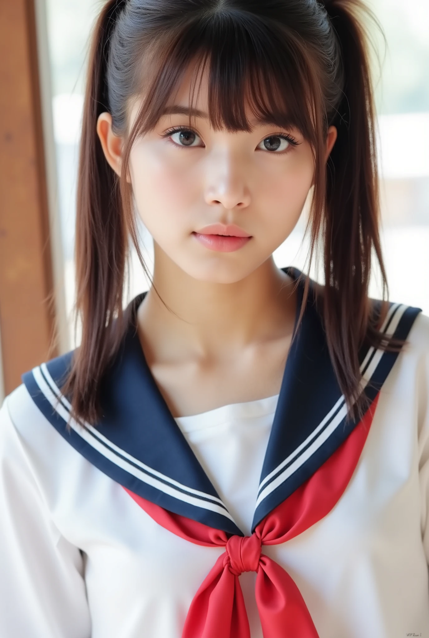 Create a stunning photo collection of a beautiful Japanese idol girl with fair skin. She has long straight hair styled in a ponytail with bangs. She is wearing a sailor school uniform and standing gracefully. Focus on capturing her charm and elegance.