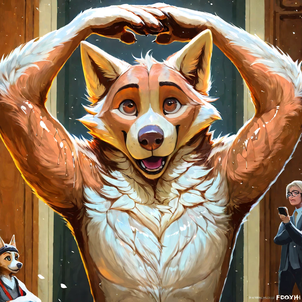 while Chase exposes his body to viewers、I'm smiling , raising his arms above his head he's desperately , Detailed Fluffy Fur Texture, impasto impressionist, (by foxovh , Ross Tran, Michael Garmash, Pino Daeni, spark), detail eyes, extremely detailed pupils , Alone, like fur, anthro, Chase-pp, Domestic dog , male, brown eyes, brown fur, Light brown body, fur body , naked, Detailed Fluffy Fur Texture, curvilinear, oiled, 1人のmaleの子, Moaning face