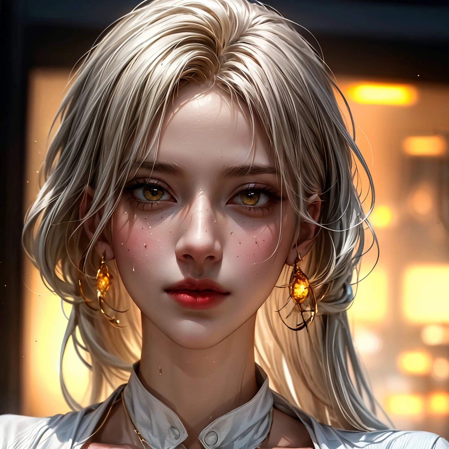 ((best quality)), ((Masterpiece)), ((Enrich the picture,Masterpiece level quality)), golden hair, curtainbangs, very big breasts, golden eyes, fierce woman, eyes details, best quality, street fashion, RAW 4K, Realistically, ( cinematic lighting, moody, textile shading), perfect proportions, ultra detailed, volumetric lighting, soft lighting, glossy skin, beautiful face, Special face details, strong emotions, elegant gesture, Detailed facial features, Long eyelashes, contrast, great details, Incredible atmosphere, Fascinating setting, Haunting beauty, dewy skin , sweaty skin , sexy mini white t-shirt, mini white jacket, mini black skirt, hips up,