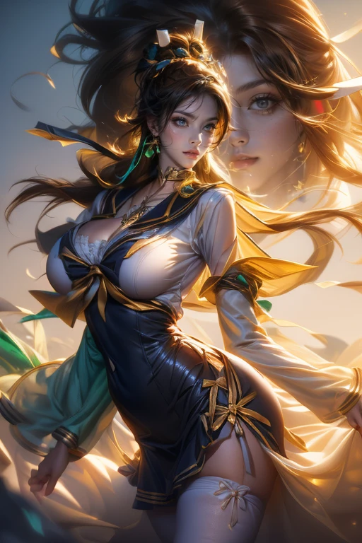 (in 8K、top-quality、masterpiece:1.2)、1人の女性、(Smiling smile:1.1)、beautidful eyes、Valley、The upper part of the body、shorth hair、Like a boy、Colossal tits、Blue View、