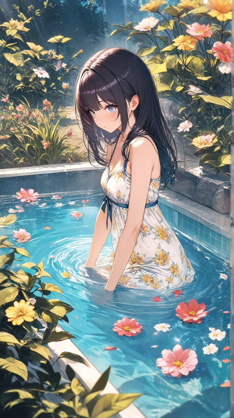 1girl, beautiful woman, she is sitting in abandoned metallic Framing Construction with water floor and moss and humid and plant and colorful flowers garden, wet, wettings, sunlit, blue sky, (close up), yellow fashion, face focus, (transparent yellow bathrobe, naked)