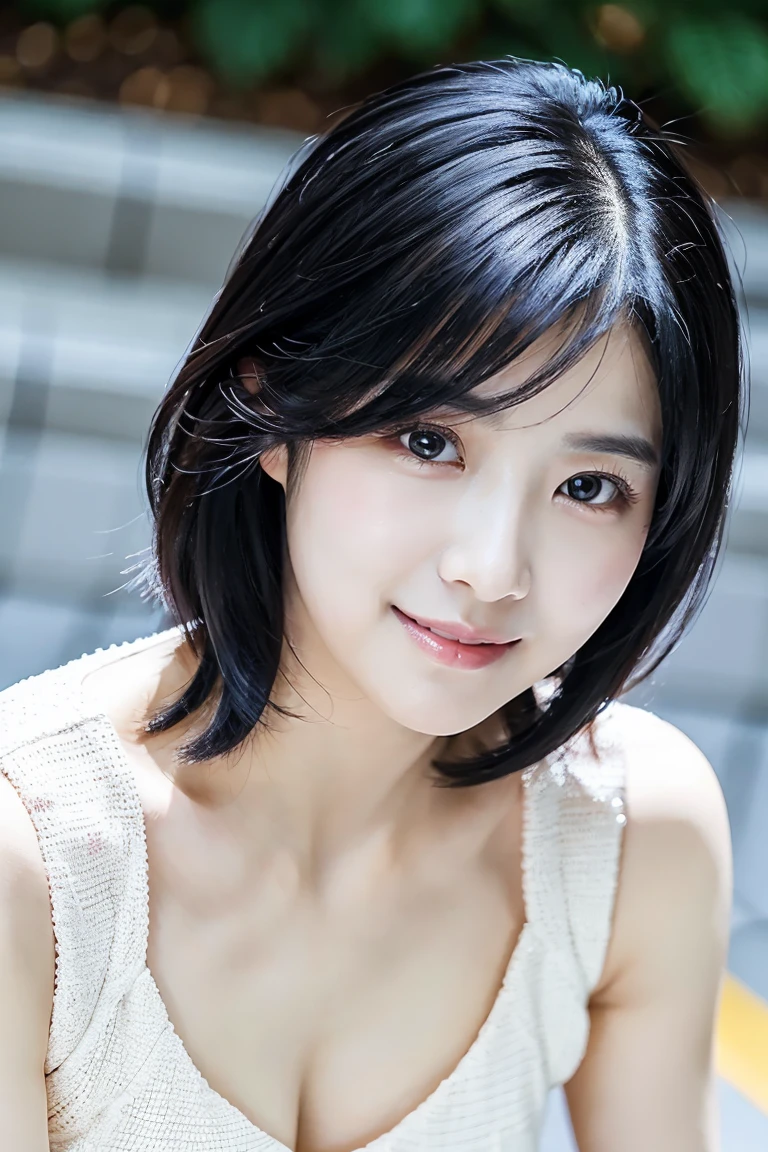 Best-quality, Masterpiece, Ultra-High-Resolution, (Photorealistic:1.4), Raw-Photo, at hotel-room, 1girl, 15-years-old, the most famous Japanese idol, (wearing only white see-through dress, extremely see-through dress), (extremely cute face like the most popular Japanese idol), (extremely beautiful black-short-cut-haired), (((extremely beautiful big-black-solid-circle-eyes))), extremely beautiful skins, innocent-smile, looking at viewer
