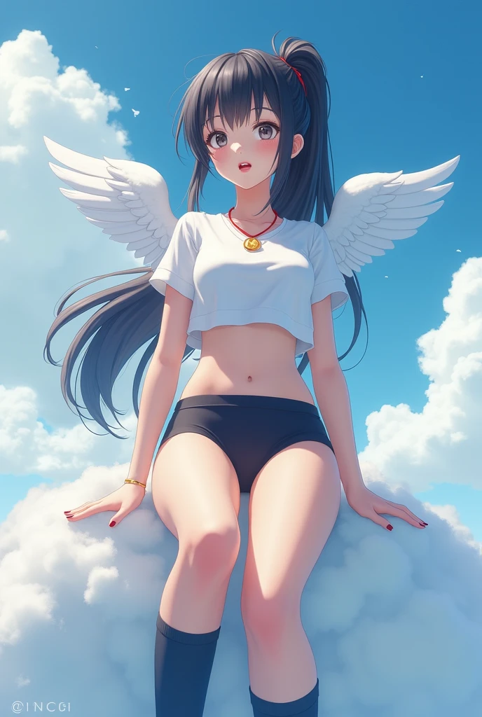 Sad girl angel, with long jeans, short top, sneakers, looks at the phone