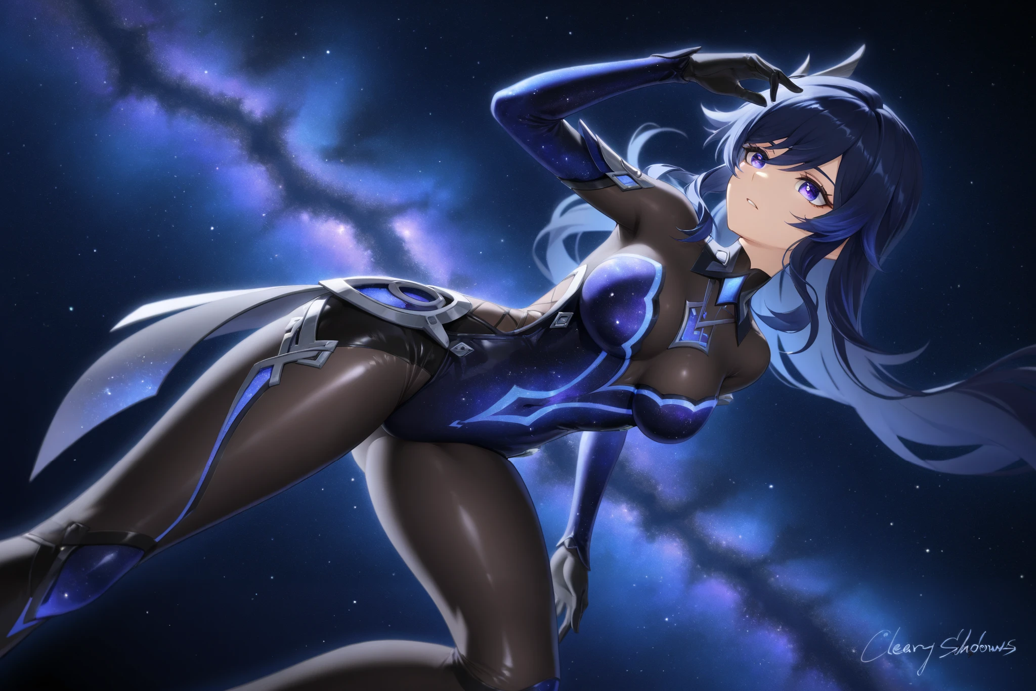 (masterpiece, best quality, Maximum resolution, clearly_image, details): (Solitary, girl, Japanese Face Hole, Blue hair girl, shortcut, Full body picture, small size breasts, Sparkling blue eyes, Metallic white and blue pilot suit, Tight clothing, Clothing that covers the entire body, beauty, slim, Exoskeleton, Sexy pose, Actress, Integral, Knee-high boots)