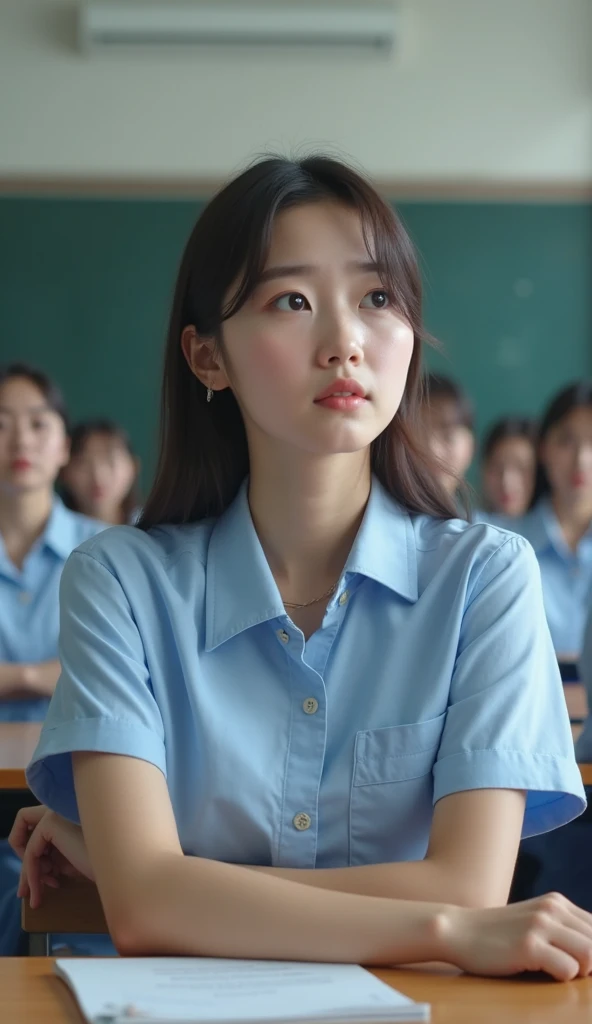 white short sleeve,blue colors,China Campus,On the classroom podium