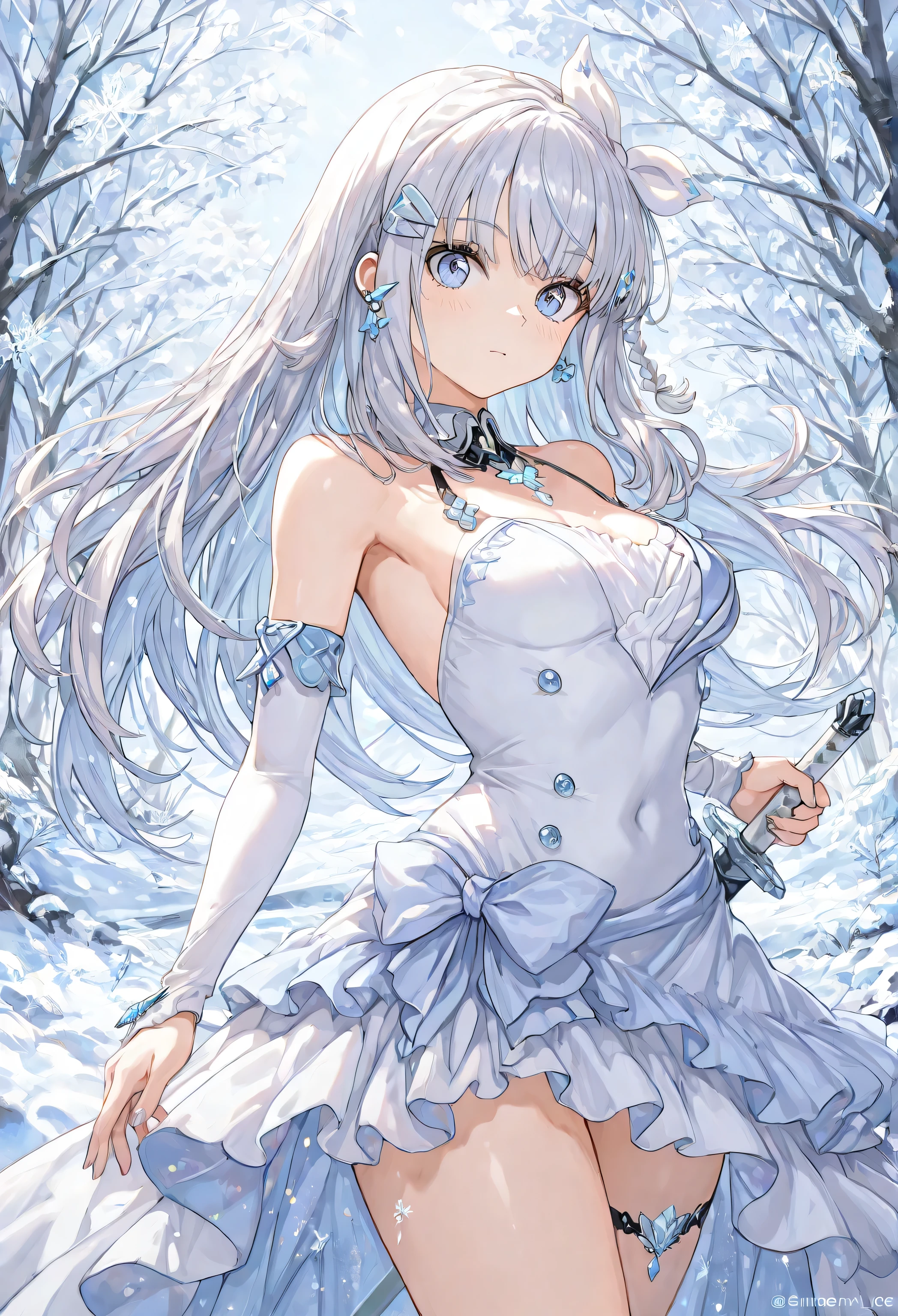 Masterpiece, Best Quality, Top Quality, Very Detailed, A fierce ice warrior princess with long, silver braided hair stands in a snow-covered ancient ruin. Her piercing blue eyes radiate determination as she grips a beautifully crafted katana with a silver hilt and a purple-wrapped handle. She wears an intricate blue battle dress adorned with ice crystals and fur trimmings, revealing her toned arms. Snowflakes swirl around her, catching the light of the cold winter sun. Her expression is both resolute and elegant, embodying the power and grace of a warrior forged in the harshest winter. The setting blends fantasy and anime aesthetics, capturing a moment of icy intensity in stunning detail.
