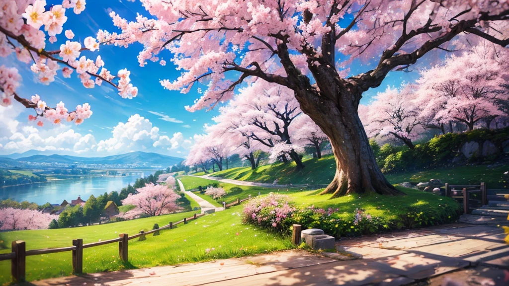 top quality、masterpiece、 Landscape、beautiful scenery、cherry blossoms in full bloom、 petals、4K、photography realistic、real、Professional、Vivid Color、Bokeh、Delicate wood texture、soft light、Green leaves、 Compa、 clear sky、 White Clouds 