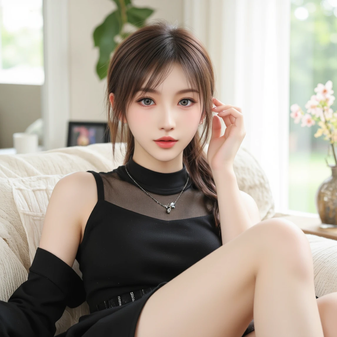 ra-detailed、Japanese、attractive beauty、seductive adult woman、pretty woman、piercing eyes、cool girl、wavy hair、swept bangs、Evil cadres、evil depravity、brainwash、mind control、lipstick、lip gloss、dark makeup、smirk、whisper in your ear、Evil expression、evil、hollow eyes,half-closed eyes、empty eyes、evil、vampire、succubus、vampire、Swear allegiance、sexy pose、hair ornaments、Charming, alluring, alluring, evil, seductive eyes, evil smile, exposed shoulders, exposed waist, exposed thighs, white color underwear, on the bed, night, warm light