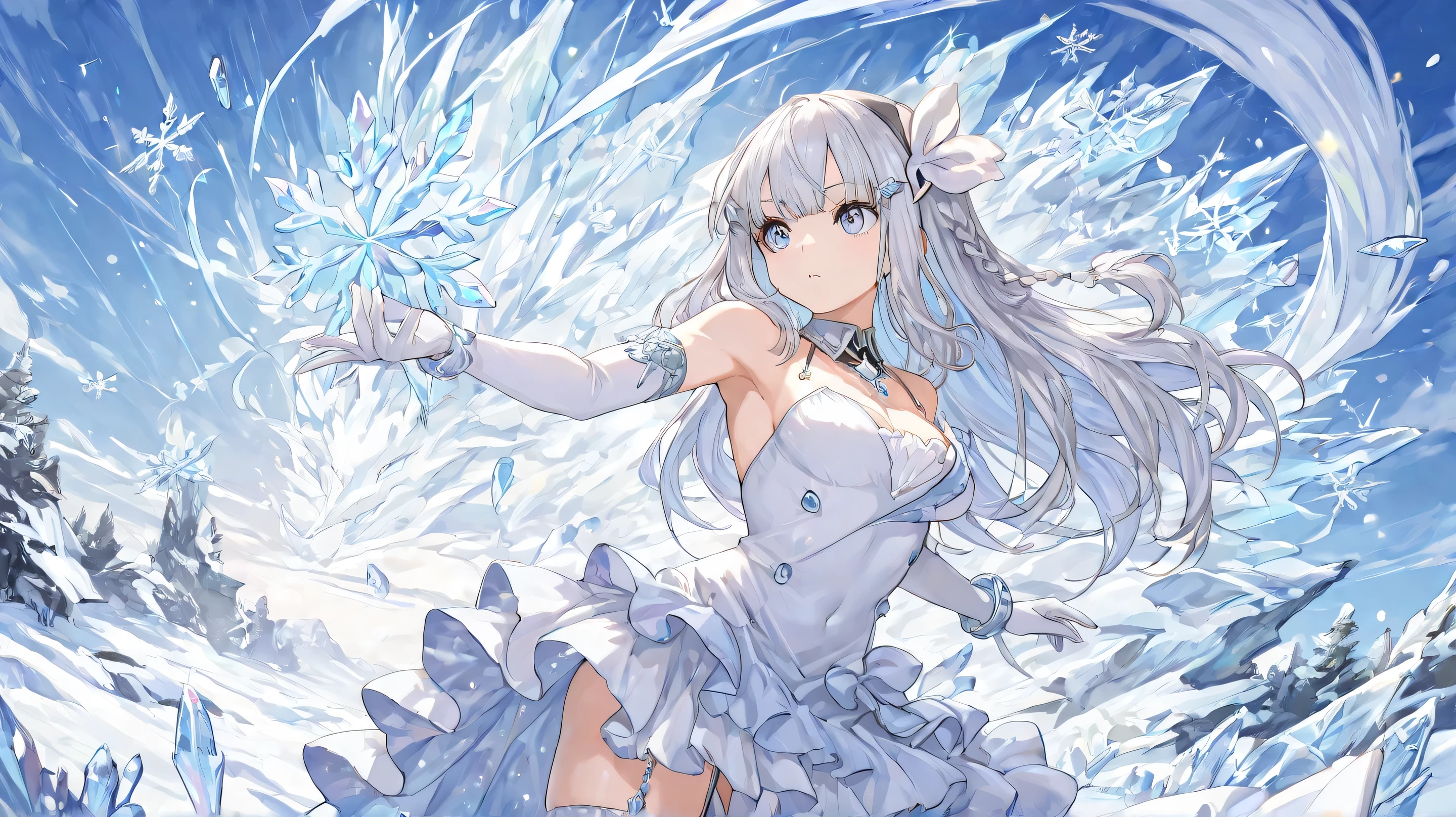 Masterpiece, Best Quality, Top Quality, Very Detailed, A fierce ice warrior princess with long, silver braided hair stands in a snow-covered ancient ruin. Her piercing blue eyes radiate determination as she grips a beautifully crafted katana with a silver hilt and a purple-wrapped handle. She wears an intricate blue battle dress adorned with ice crystals and fur trimmings, revealing her toned arms. Snowflakes swirl around her, catching the light of the cold winter sun. Her expression is both resolute and elegant, embodying the power and grace of a warrior forged in the harshest winter. The setting blends fantasy and anime aesthetics, capturing a moment of icy intensity in stunning detail.