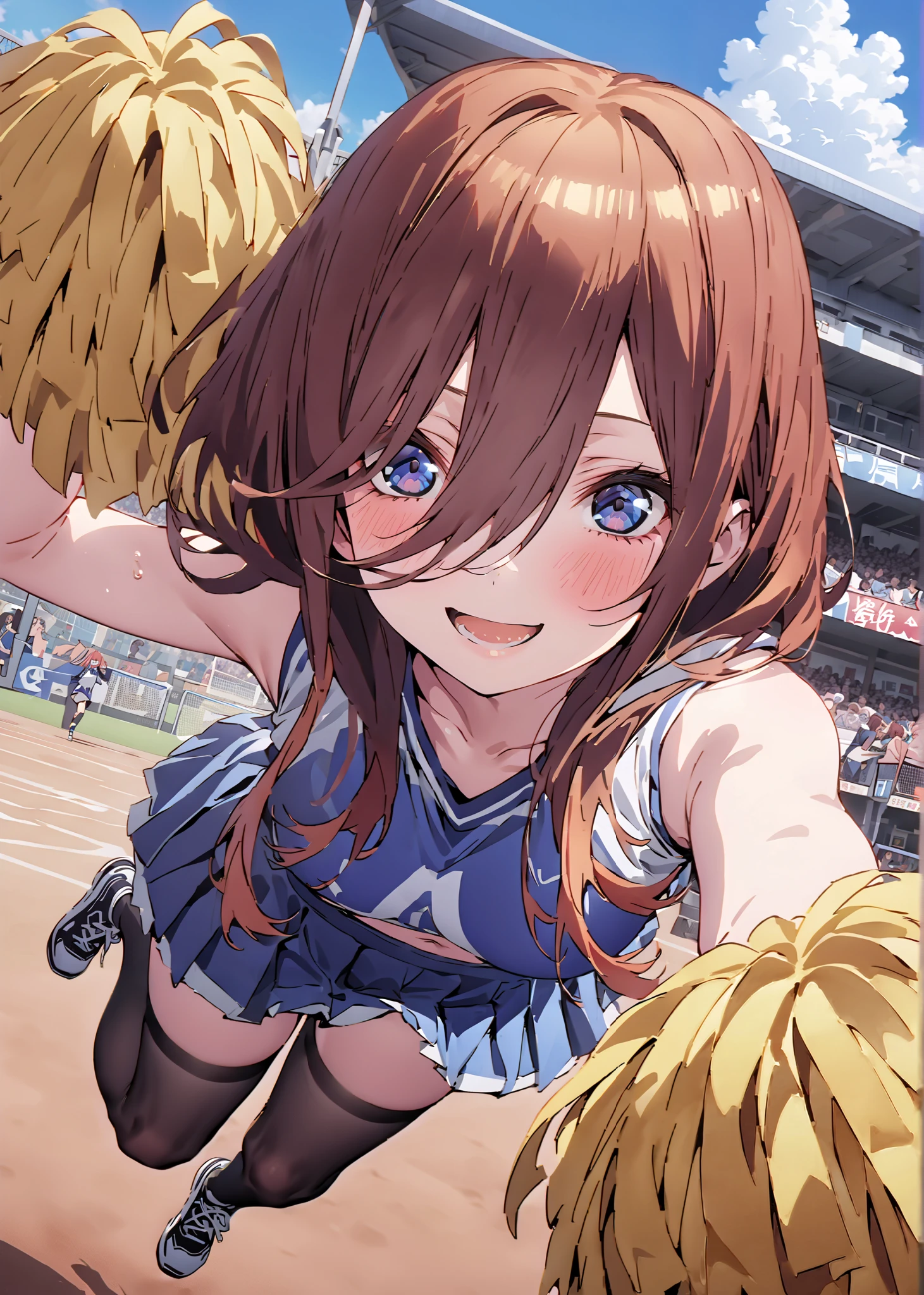 Miku Nakano, Nakano Future, long hair, bungs, blue eyes, brown hair,Between the eyebrows,smile,blush,open their mouths, (CHEERLEADING), (full body), on chest, (semen), semen Wet Clothes, (blue clothes),sleeveless, pleated skirt on indoor floor,black socks,sneakers,belly button sticking, playground, (jump), (jump), 足を曲げてjumpする, , blue sky, Compa, smile,cheerleader with radiant skin, Pom-pom \(CHEERLEADING\) real hair ornaments,audience,full bodyがイラストに入るように,break outdoors, Stadium,
break looking at viewer,
break (masterpiece:1.2),top quality , kampala, Unity 8K Wallpaper ,(shape:0.8),( fine, beautiful eyes :1.6),It's a person ,full body写真,CG Details , (perfect hands with full nudity,complete anatomy),