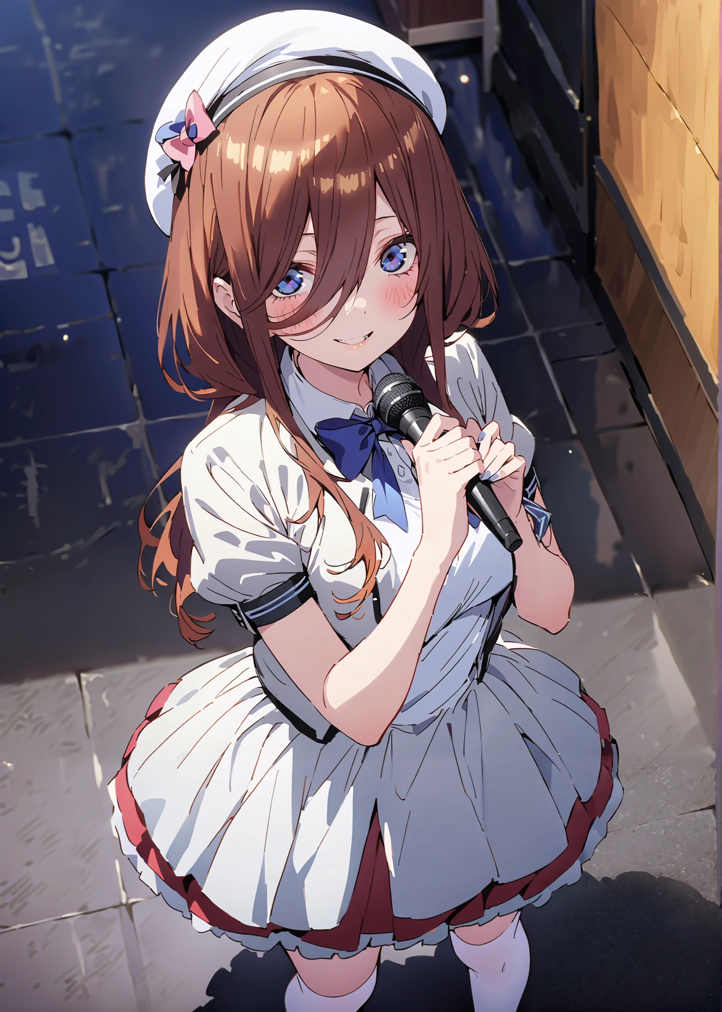 Miku Nakano, Nakano Future,Alone ,long hair, bungs, blue eyes, brown hair,Between the eyebrows,smile,blush,open their mouths, idol costume, dress,collared dress,jacket,cropped jacket,white pleated skirt,Short sleeve,bowtie,bow,button, above Decorati has ,beret,(white knee-highs:1.2),shoes,アイドル歌手がライブ stageで熱狂的に歌うシーンのイラスト,アイドル歌手が stage中央にis standing, idol singers sing with microphones , idol singers are serious and impressive ,The singer's voice is strong and beautiful. , stageの周りにはファンが集まる, fans sing and dance with idol singers Idol singers who do things ,The Big Picture, Various colored lights ,is standing,full bodyがイラストに入るように,break indoors, stage,
break looking at viewer,full body,
break (masterpiece:1.2),top quality , kampala, Unity 8K Wallpaper ,(shape:0.8),( fine, beautiful eyes :1.6),It's a person ,full body写真,CG Details , (perfect hands with full nudity,complete anatomy),
