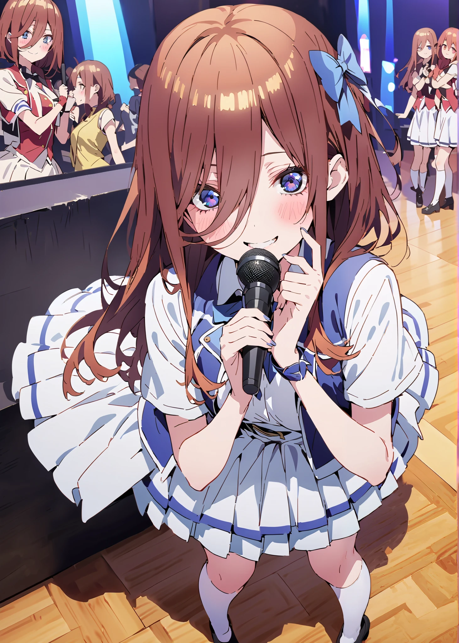 Miku Nakano, Nakano Future,Alone ,long hair, bungs, blue eyes, brown hair,Between the eyebrows,smile,blush,open their mouths, idol costume, dress,collared dress,jacket,cropped jacket,white pleated skirt,Short sleeve,bowtie,bow,button, above Decorati has ,beret,(white knee-highs:1.2),shoes,アイドル歌手がライブ stageで熱狂的に歌うシーンのイラスト,アイドル歌手が stage中央にis standing, idol singers sing with microphones , idol singers are serious and impressive ,The singer's voice is strong and beautiful. , stageの周りにはファンが集まる, fans sing and dance with idol singers Idol singers who do things ,The Big Picture, Various colored lights ,is standing,full bodyがイラストに入るように,break indoors, stage,
break looking at viewer,full body,
break (masterpiece:1.2),top quality , kampala, Unity 8K Wallpaper ,(shape:0.8),( fine, beautiful eyes :1.6),It's a person ,full body写真,CG Details , (perfect hands with full nudity,complete anatomy),