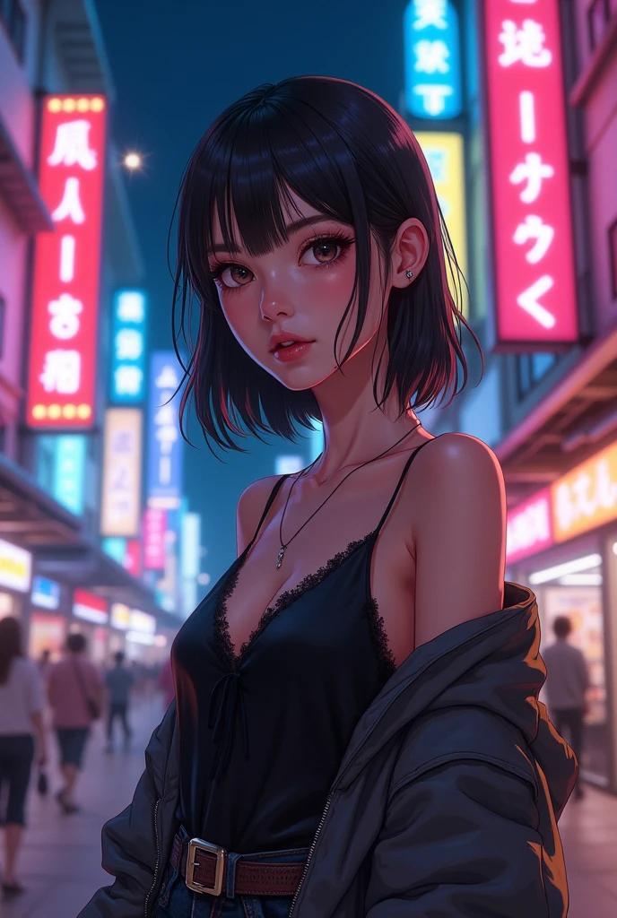 anime girl in a black top standing in a city street, anime style. 8k, fanart menina urbana, digital anime illustration, anime style 4 k, arte digital do anime cyberpunk, arte digital estilo anime, elogiar artstyle, anime style illustration, menina lofi, Art not Guweiz style, cyberpunk digital | | - arte de anime, em estilo anime anime anos 80