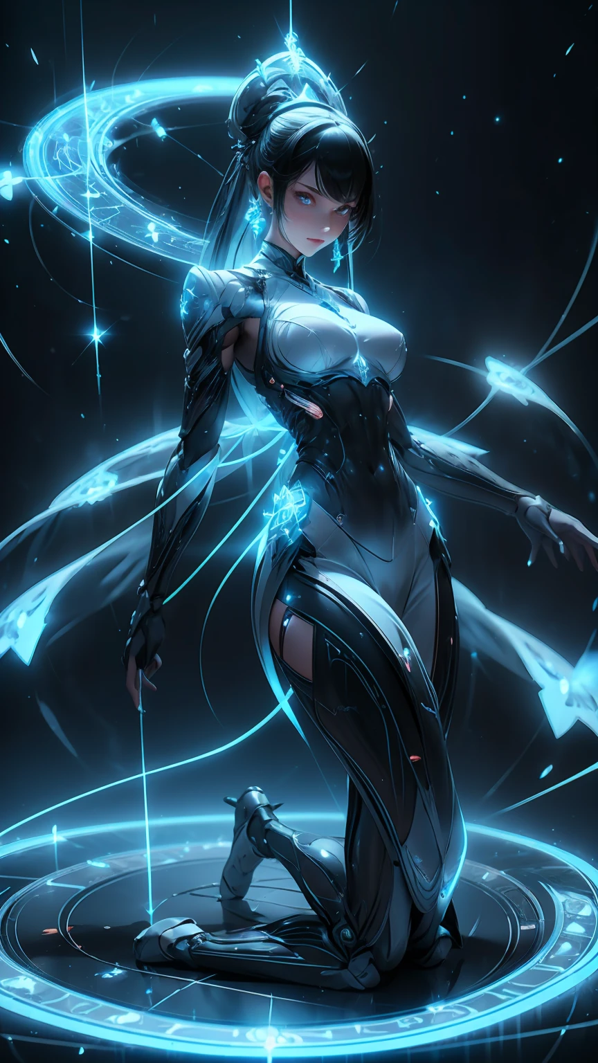 Unbeatable tmasterpiece, ultra real photo , Perfect artwork , Complicated details , Best quality , strong lights , hight contrast , dynamicposes , holland angle , (bblurry, depth of fields, bblurryforeground:1.35) ,Mecha, 1 girl, perky breasts,  detailed eyes, jewelry, night, (realistic:1.3), extreme detailed, full body, tiger jump, mecha tiara, (transparent PVC luminous bodysuit:1.8), glow, pale skin, colorful neon, long exposure, motion blur, (Glowing ambiance, enchanting radiance, luminous lighting, ethereal atmosphere, mesmerizing glow, evocative hues, captivating coloration, dramatic lighting, enchanting aura:1.7), (mecha_armor,neon_Twintails),( lens flare glow:1.25) ,big tits,neon lights ,mecha neon