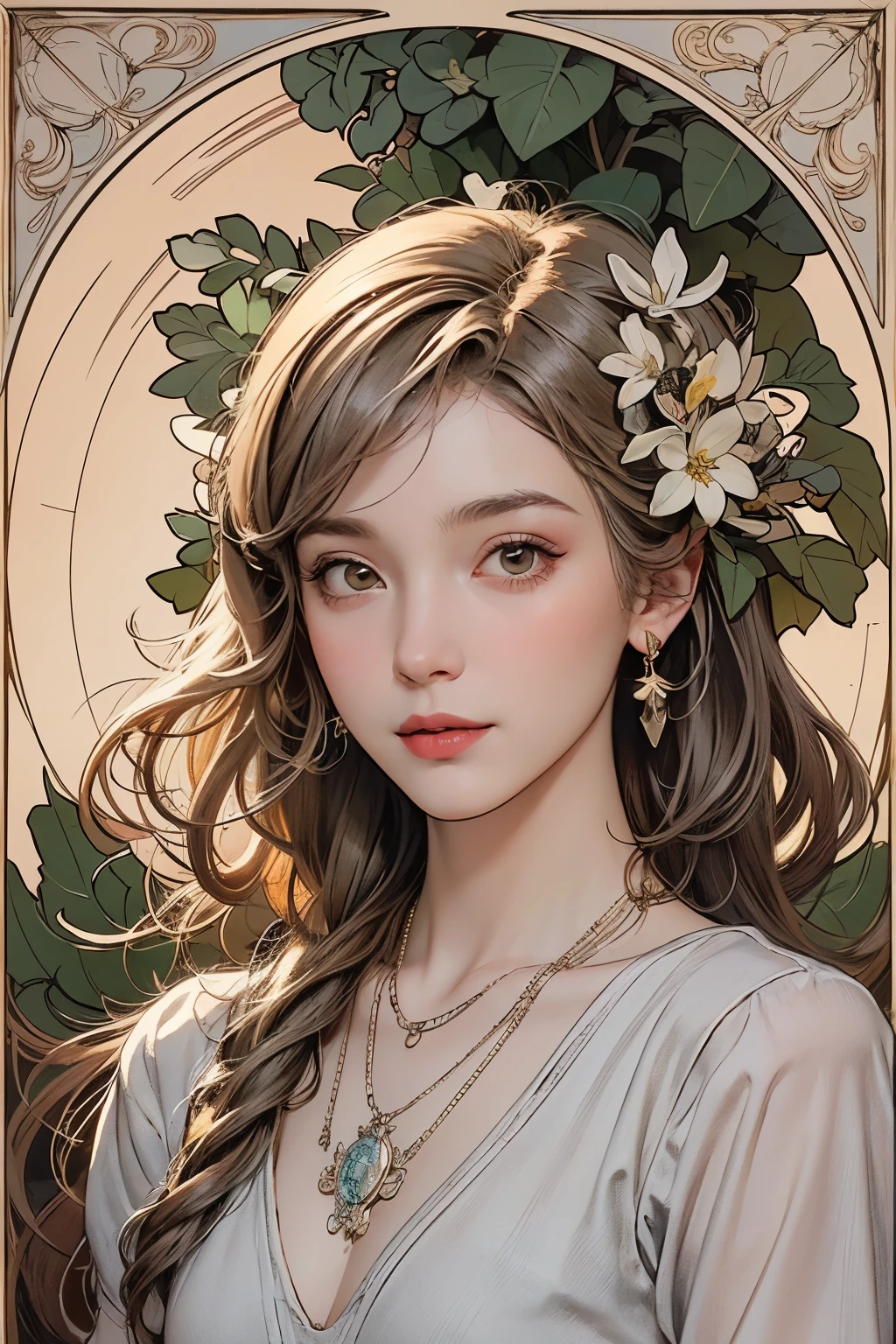 (detailed oil painting of a beautiful woman), rough touch, (small smile with calm, kind and bright expression), ((silver grey brown almost straight medium long hair!)), ((close up)), shiny skin, glossy lips, ((casual pastel spring outfit)), (spring sweater), (smart figure), small necklace, soft spring sunlight, small spring flowers of various colors, young leaves on trees, striking portrait, use of contour, clean line drawing, fine and intricate details, bright primary colors used partially as accents, fine and intricate details, (Alphonse Mucha compositional style), muted colors, impressionist style, floral frame, Art Nouveau frame, floral ornament, stress-free mixed media masterpiece,