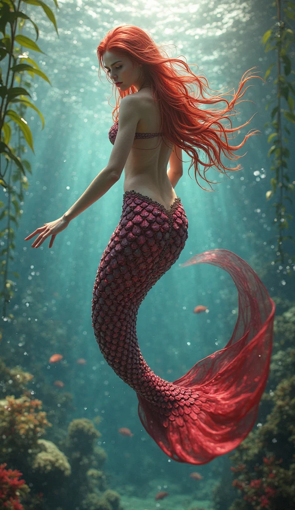 Blonde mermaid with red and black tail