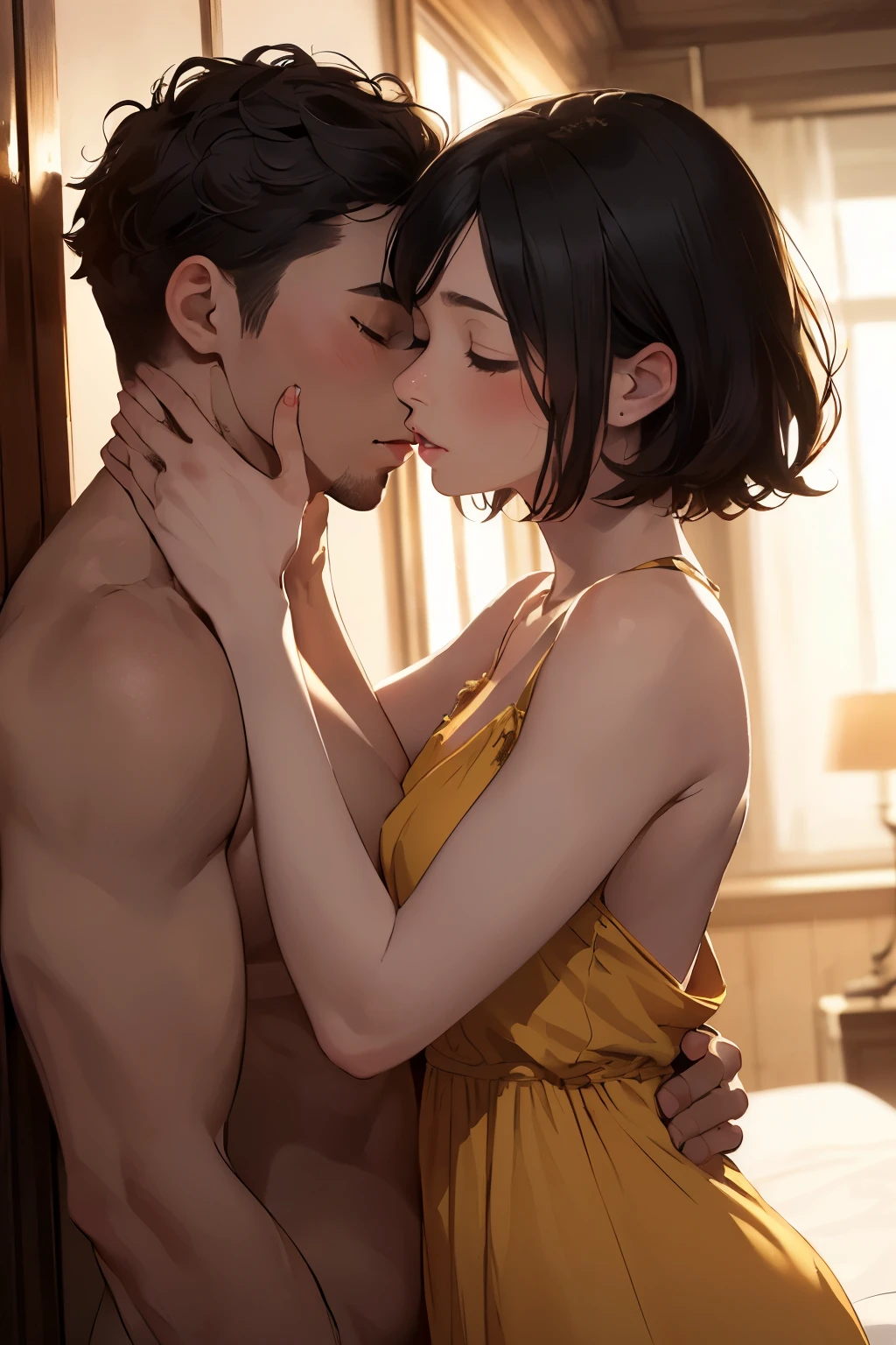shinkai makoto, kimi no na wa., 1boy, buzzcut, muscular, closed eyes, naked, penis, erected, boy caressing girl's body, breast groping, breast grope, hold breast,1girl, bangs, black hair, short hair, blush, closed eyes, medium breast, nipples, pink nipples, vagina insered by penis, indoors, sit, sitting on bed , bed,bedroom, lamp, cowboy shot, face to face, kiss