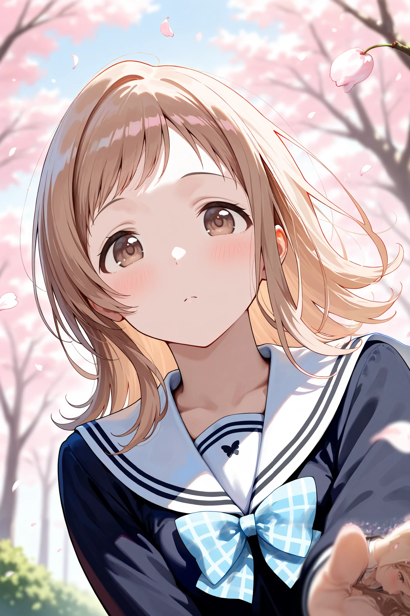 (masterpiece), (Highest quality), (Very detailed),
(The best shape), (Best Shadow), (Absurd),
(Detailed Background), (So beautiful), Shiny,
Beautiful eyes in every detail, Extraordinary, Countershading, 8k, 32K, High resolution,
Very Detailed CG ,
Score_9, Score_8_up, Score_7_up, Source_anime,
(Pastel painting:1.2), (Watercolor painting:1.2),
(Masterpiece, Detailed:1.2), (Foreshortening:1.2),
Cinematic, Dramatic, (Depth of field:1.4),
(Blurry background:1.4), (Realistic background:1.4), Dynamic angle,
1 girl, Solo,
Outdoors, Nature, Park, Wind,
Spring, Cherry blossoms,
Sakuragi Mano,
the idolm@ster shiny colors,
mano sakuragi,
(Brown hair:1.1), Medium hair, Brown eyes,
(School uniform:1.3),
(Black sailor suit:1.3), Long sleeves sailor suit, (White collar sailor:1.4),
Ribbon, Light blue ribbon, Butterfly ribbon,
(Blush:1.3),
Portrait,
Focus on face, (Close up shot:1.2),
Realistic skin,
Shiny skin,