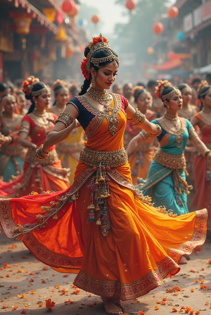 Best quality,Ultra-detailed,Realistic:1.37,Indian classical dancer,Detailed gestures,Dance gracefully and precisely,Colorful costumes,Expressive eyes,ornate jewelry,Traditional music and musical instruments,Decorate the stage，The background is bright,Floating veils and flowing movements,Impeccable footwork,Traditional makeup and hairstyle,Stunning facial expressions,Tell compelling stories through dance,Cultural heritage,Artistic performances,Graceful body movements,Traditional dance poses,Tell epic stories through dance,Lively expressions and emotions,Artistic light and shadow,Bright colors and patterns,Classical dance forms,Traditional dance poses,Graceful body movements,Delicate hand movements,Poetry in motion,Energetic and rhythmic movement,Elegant spins and turns,Poetic expression,Charming smile and facial expression,A sacred connection between dancers and music,A visual feast of Indian culture and traditions.