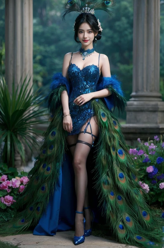 Betty boop in a light straplees dress made of peacock feathers, blue eyes, pale skin, full body, realistic 4k photo