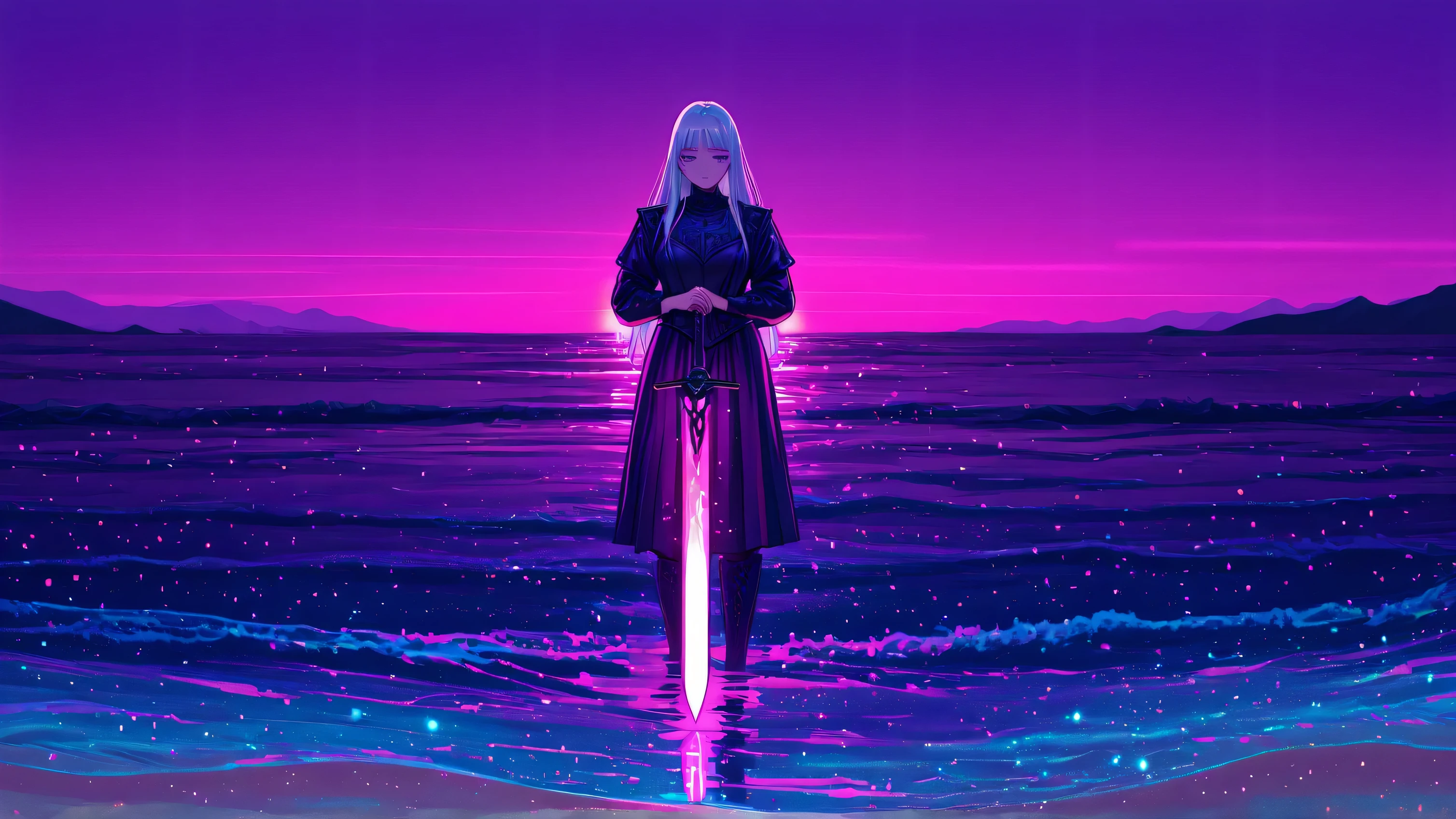 Retro_neon,Retro neon, middle ages 항구, Sparkling shoreline , neon-lit waves, Vivid Sunset,  Pink and Purple Sky Mix , synthwave aesthetics, middle ages, digital horizon, vibrant blue ocean, soft glowing sand, neon reflections on water, cyber sunset, ambient light, Relaxed atmosphere,  dreamy landscape , warm neon hues, deep purple and blue, Surreal Lighting, gentle ocean breeze , Quiet yet Exciting Atmosphere, high resolution, masterpiece,  female 1 person, long hair, white hair, middle ages 모험가, Purple Glowing Sword, 