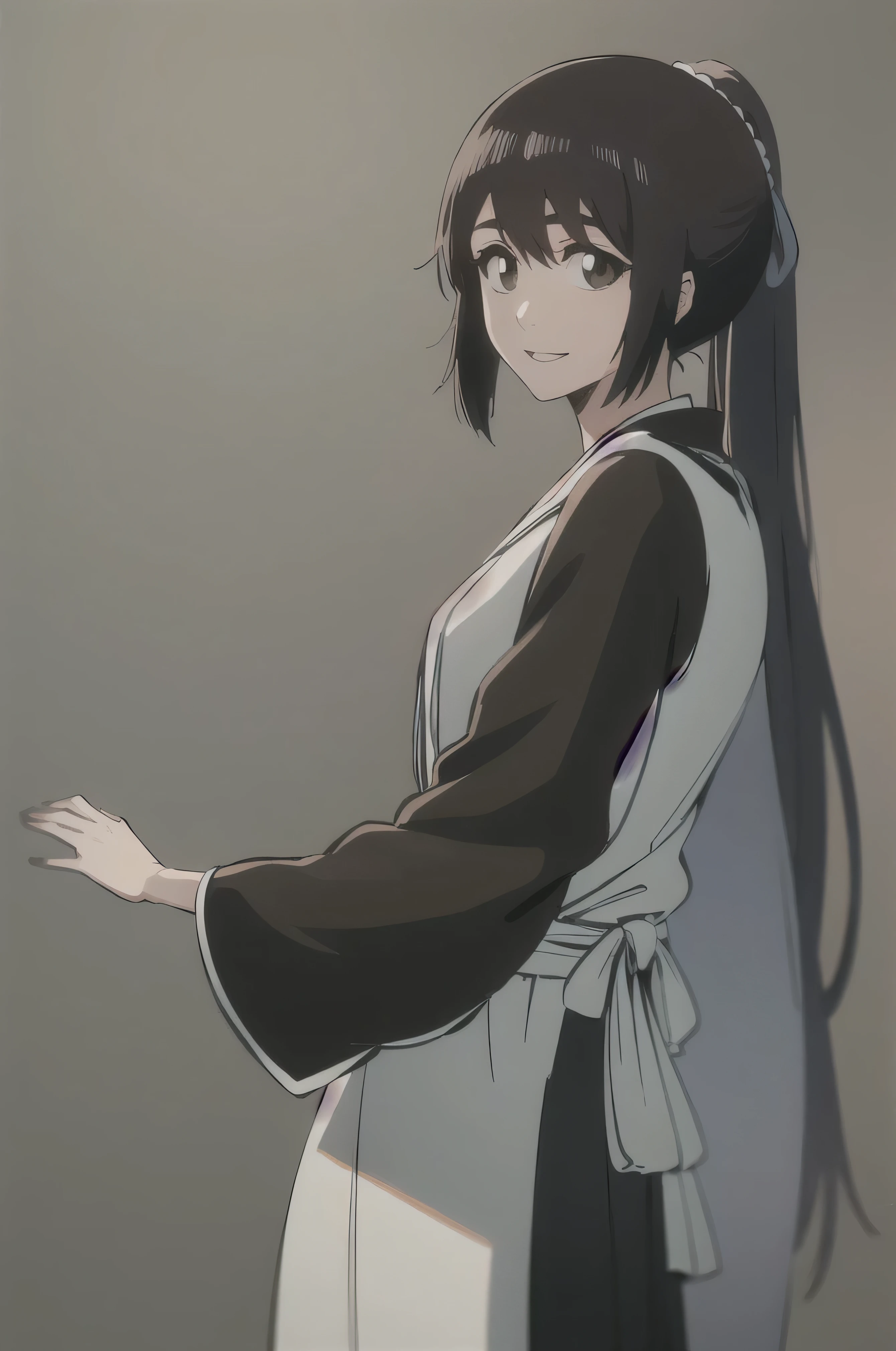 Masterpiece, top quality ,
one girl from the side , romantic love , black hair, single , ponytail, Vancouver, brown eyes,
Hair bangs,
kimono, white sleeveless coat , black kimono ,
smile, alone, I'm looking for , simple background, White background