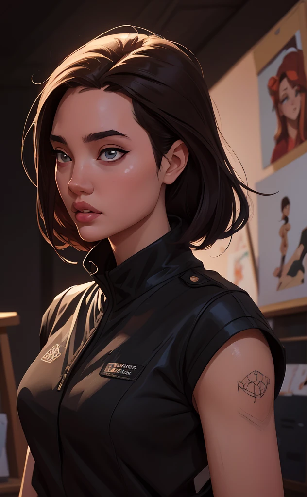 An illustrated movie poster, hand-drawn, full color, a young black girl wearing a corduroy mini-dress, toned complexion, ruby eyes, dark hair, shaggy bob, posing like a model, hard shadows, graphite shading, stencil marks, airbrushed acrylic paint, masterpiece, in the style of Rockstar Games, kiss bbc
