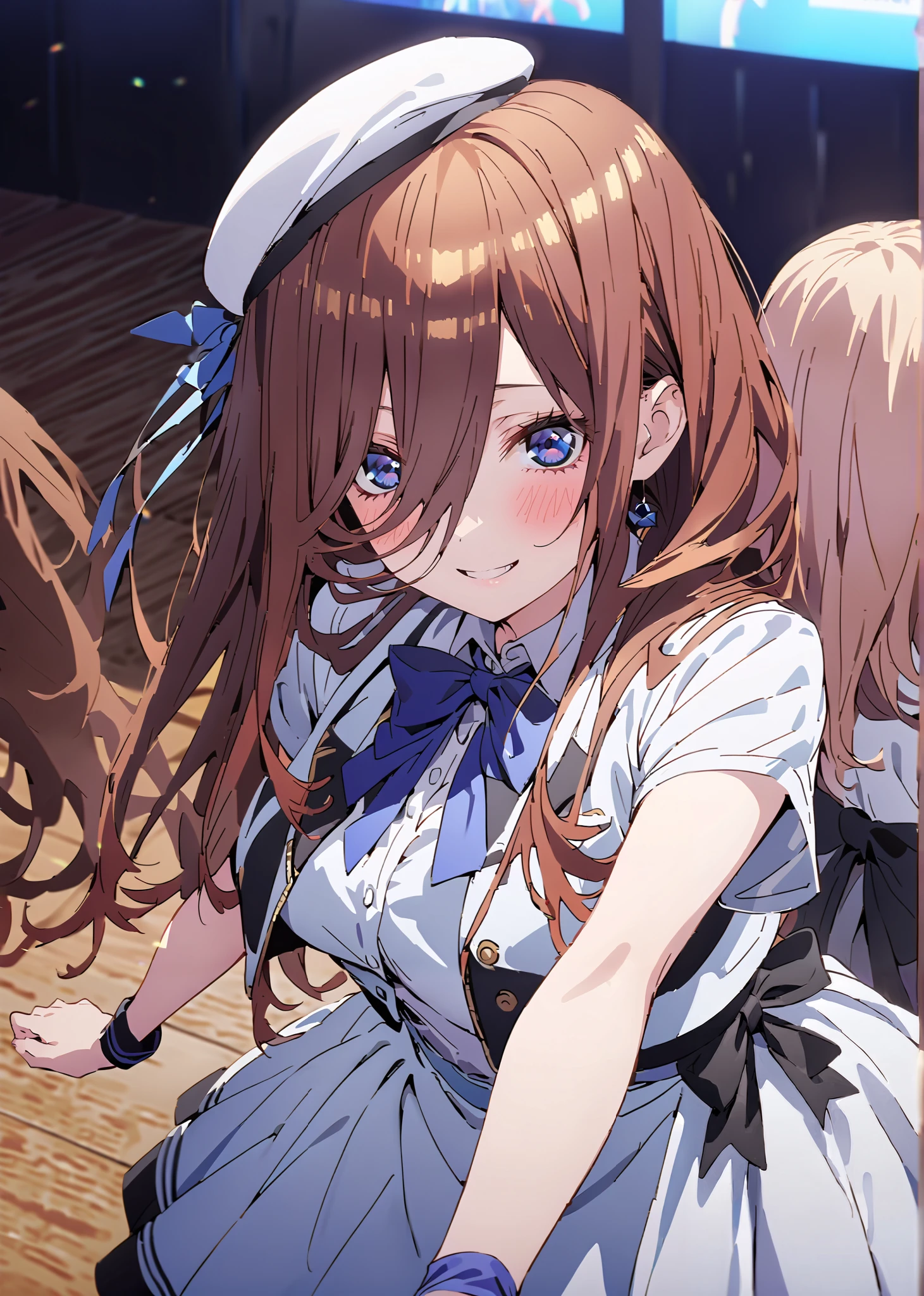 Miku Nakano, Nakano Future,Alone ,long hair, bungs, blue eyes, brown hair,Between the eyebrows,smile,blush,open their mouths, idol costume, dress,collared dress,jacket,cropped jacket,white pleated skirt,Short sleeve,bowtie,bow,button, above Decorati has ,beret,(white knee-highs:1.2),shoes,アイドル歌手がライブ stageで熱狂的に歌うシーンのイラスト,アイドル歌手が stage中央にis standing, idol singers sing with microphones , idol singers are serious and impressive ,The singer's voice is strong and beautiful. , stageの周りにはファンが集まる, fans sing and dance with idol singers Idol singers who do things ,The Big Picture, Various colored lights ,is standing,full bodyがイラストに入るように,break indoors, stage,
break looking at viewer,full body,
break (masterpiece:1.2),top quality , kampala, Unity 8K Wallpaper ,(shape:0.8),( fine, beautiful eyes :1.6),It's a person ,full body写真,CG Details , (perfect hands with full nudity,complete anatomy),