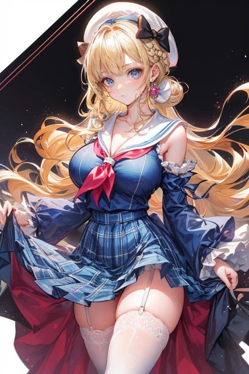 1girl, bare shoulders, blue eyes, blunt bangs, blush, brooch, by suruga, center frills, cleavage, closed mouth, covered navel, cowboy shot, drill locks, expressionless, heart clothing cutout, huge bursting breasts, jewelry, looking at viewer, skirt, sleeveless white dress, solo, standing, thick thighs, twin drills, v-shaped eyebrows, very long hair, wavy blonde drill hair, white bowtie, white simple background