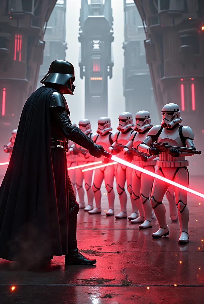 masterpiece, best quality, realistic, Darth Vader in a battle station, holding a red light saber, BREAK vector art, pop art, 2D, deformation