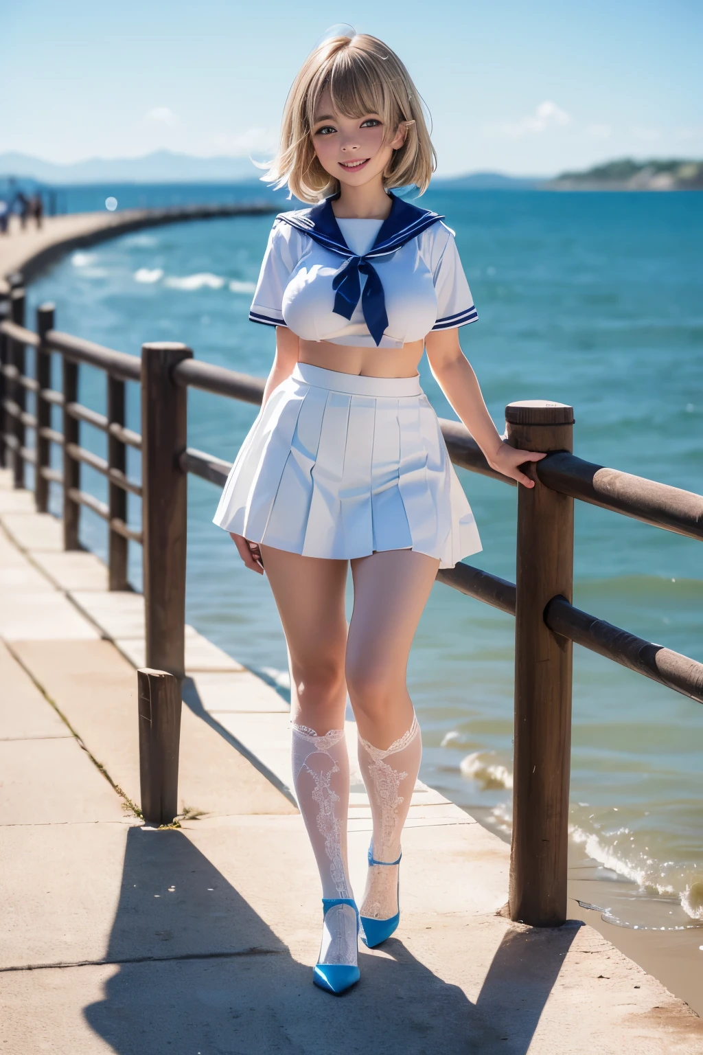 Best quality, full body focus, full body shot, perfect face, soft light, ultra high res, 8k, Masterpiece, , , view the viewer, full body , Front view, (1girl:(loli:1.2), , Cute face, (blue eys:1.5), (Light Blonde Medium hair, Bangs), beautiful (Big breasts:1.2), , Beautiful boob, Beautiful finger, Beautiful hands, Beautiful arms, Beautiful feet, Beautiful legs, (high resolution detail of human skin texture) , ((white Short sleeves sailor uniform, white pleated skirt, knee-high socks, white with lace trim, white pin high heels)), , Summer, Sea Side,, , (( standing, , smiling, nose blush) , )) , ,score_9, solo, no bra, no panties, ,