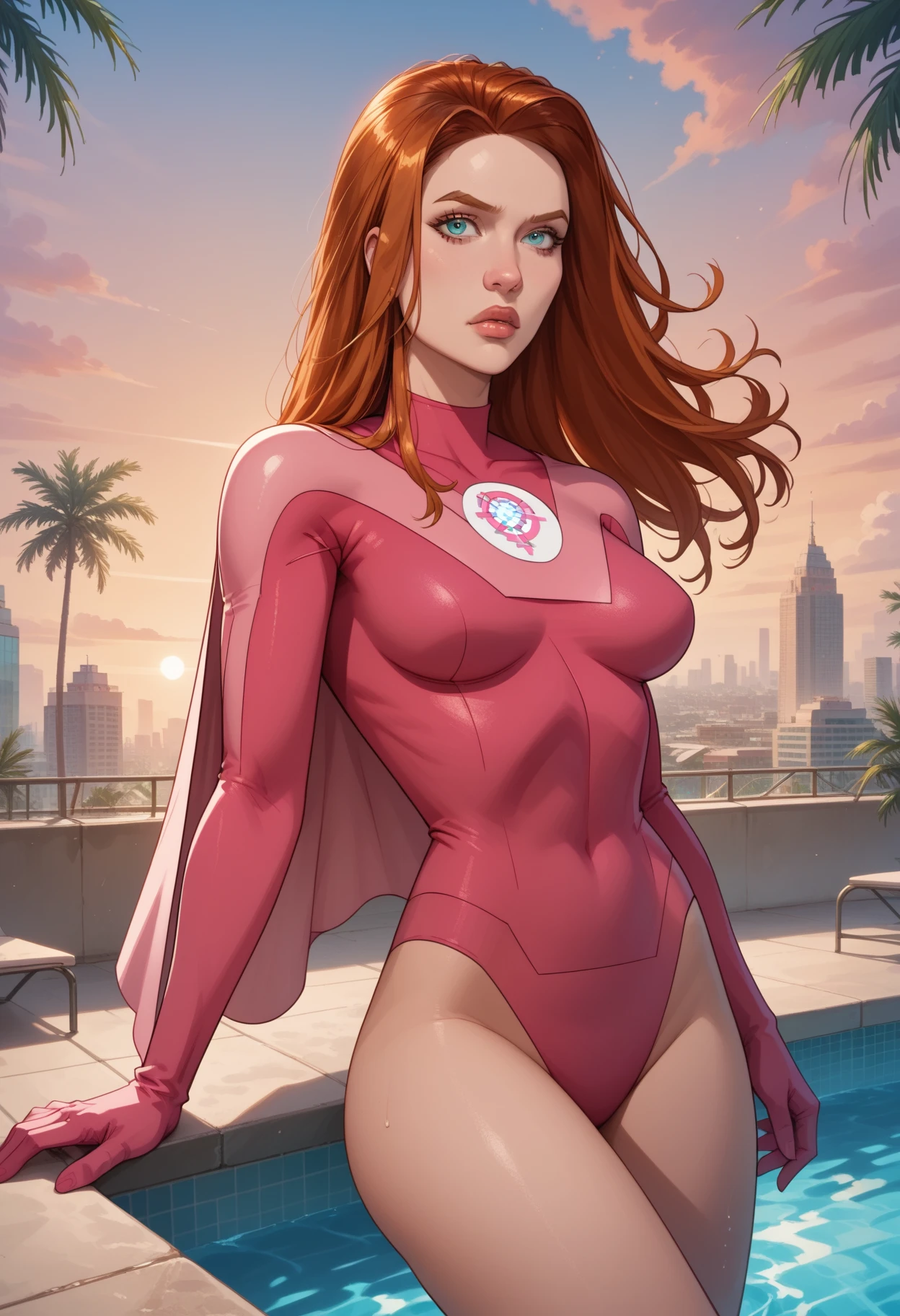 masterpiece, best quality:1.2), 1girl, smile, looking at viewer, red eyes, green eyes, heterochromia, short red white green hair, dressed as superwoman, full bodysuit, green white tricolor catsuit, red cloak cape, red boots, standing in Hungarian cityscape