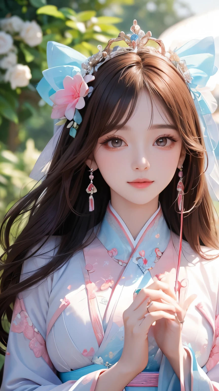 Her body and face are fully Front -facing, with her eyes gazing directly forward. Full Front 、Center、Body orientation: Front 、Front 、Center、South Korea人、 Japanese、 beautiful women、30th Generation、 looking at camera、Front -facing、line of sight Front 、 upper body、gorgeous、Wear only Charisma 、顔Front 、body Front 、 , Vertical Roll, Reddish brown hair、very long hair, Light blue and pink hanbok 、 light blue and pink dress、Long Sleeve 、collar、With collar、 Unexposed 、Chima chogori、Korean traditional clothing、South Korea、hanok 、 She holds a crystal ball that sparkles faintly, surrounded by floating symbols of love, such as hearts and intertwined rings. tiara 、crown、 princess、Castle、princess、 long hair、 gorgeous、pink dress、Heart's heart、Divine、 Fantastic、smile、Fluffy Waves 、goddess、 close-up、 Hair Flower、confidence、Light、royal palace、 earrings、ribbon、bell、White fur