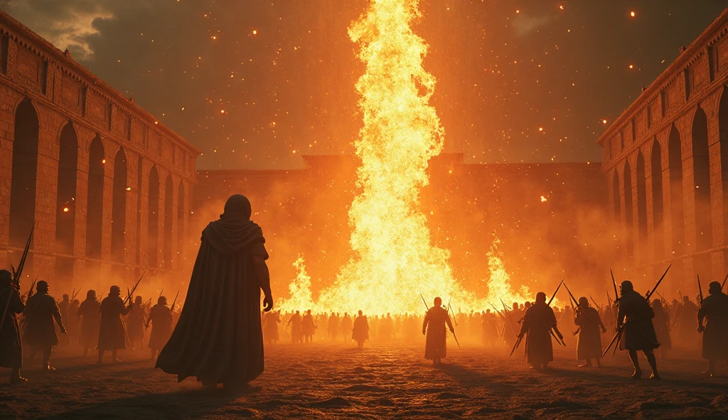 a group of people standing in a field with a light shining, in screenshot from the 300 movie, ruan jia and fenghua zhong, kremlin towers are destroyed, anamorphic flares, middle earth, still image from the movie, after effects, film cinematography