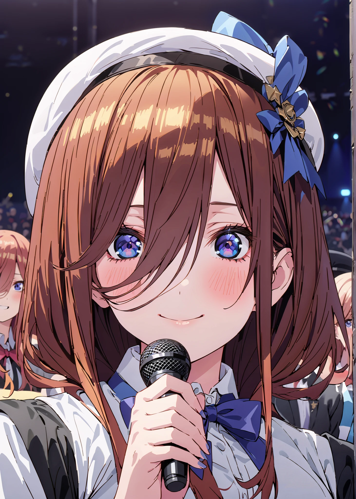 Miku Nakano, Nakano Future,Alone ,long hair, bungs, blue eyes, brown hair,Between the eyebrows,smile,blush,open their mouths, idol costume, dress,collared dress,jacket,cropped jacket,white pleated skirt,Short sleeve,bowtie,bow,button, above Decorati has ,beret,(white knee-highs:1.2),shoes, illustrations of scenes where idol singers sing enthusiastically on a live stage ,アイドル歌手が ステージ中央にis standing, idol singers sing with microphones , idol singers are serious and impressive ,The singer's voice is strong and beautiful. , fans gather around the stage , fans sing and dance with idol singers Idol singers who do things ,The Big Picture, Various colored lights ,is standing,full bodyがイラストに入るように,break indoors,concert venue,
break looking at viewer,full body,
break (masterpiece:1.2),top quality , kampala, Unity 8K Wallpaper ,(shape:0.8),( fine, beautiful eyes :1.6),It's a person ,full body写真,CG Details , (perfect hands with full nudity,complete anatomy),