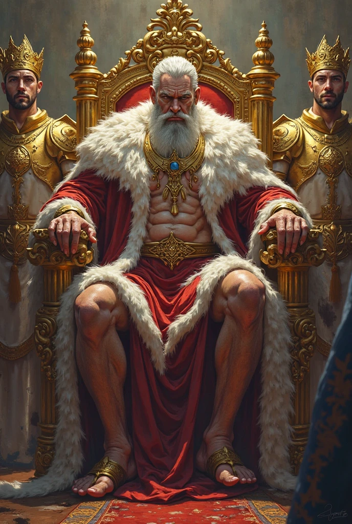Older Hairy regal Arab man, huge muscles, gaint muscles, king, sitting on throne, bulge in underwear, short hair, gold, sexy, gold jewelry, full body in view, oiled body, smiling, flexing biceps,